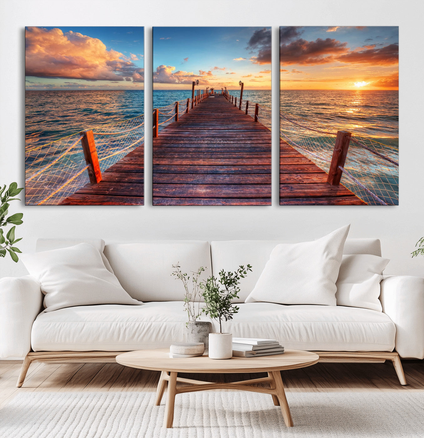 28836-MGV-CV-60X30-3P-Ocean Pier Sunset Wall Art – Wooden Dock and Golden Horizon Canvas Print, Coastal Seascape Photography for Living Room, Bedroom,