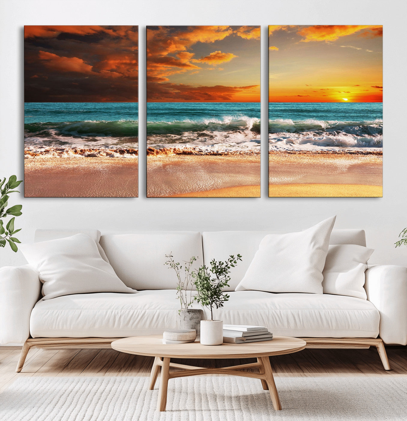 72948-MGV-CV-60X30-3P-Ocean Sunset Wave Wall Art – Dramatic Seascape Canvas Print with Golden Sky and Crashing Waves, Coastal Beach Decor for Living