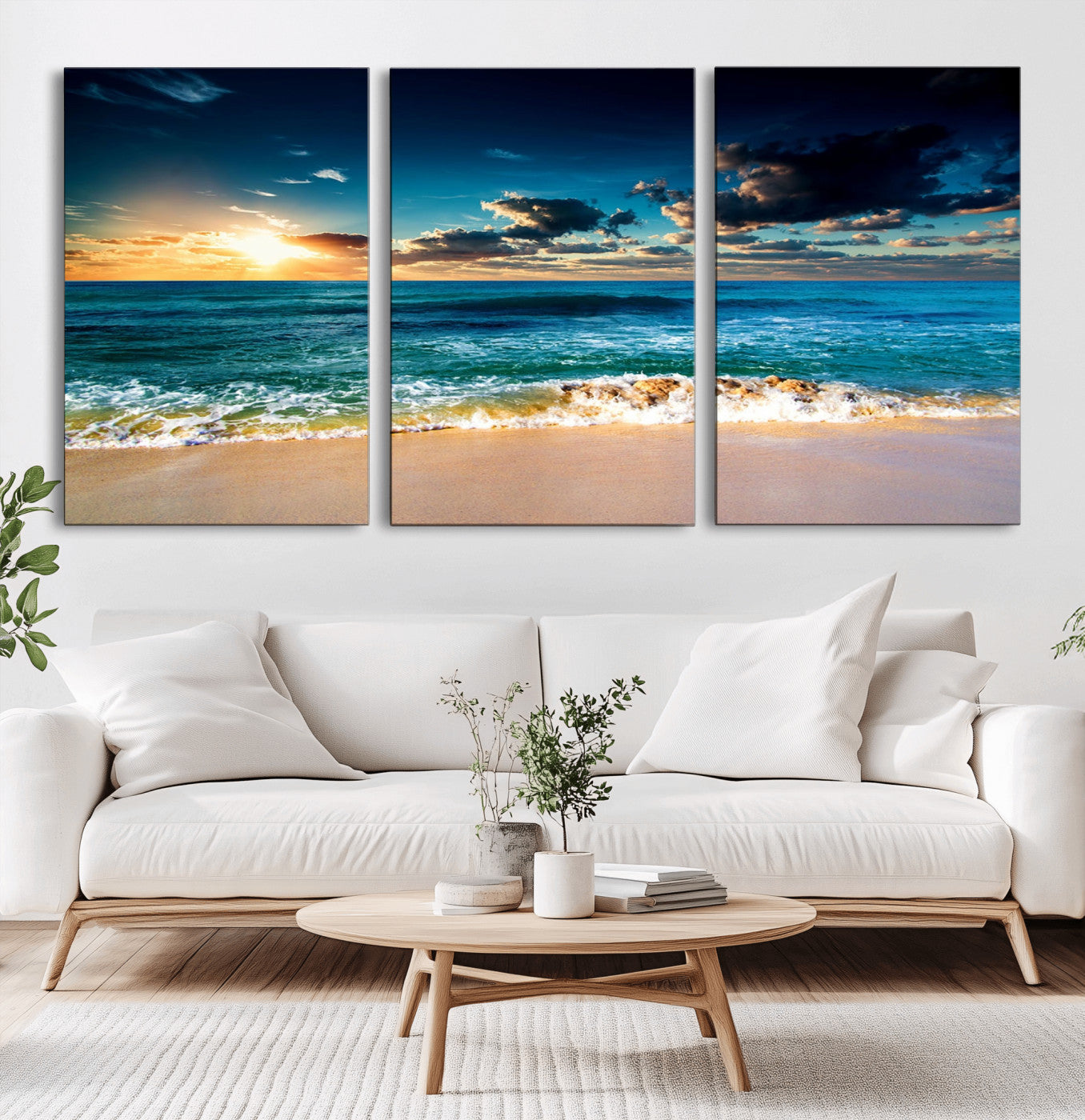 88985-MGV-CV-60X30-3P-Ocean Sunset Wall Art – Tranquil Beach Waves Canvas Print, Coastal Seascape Decor for Living Room or Office