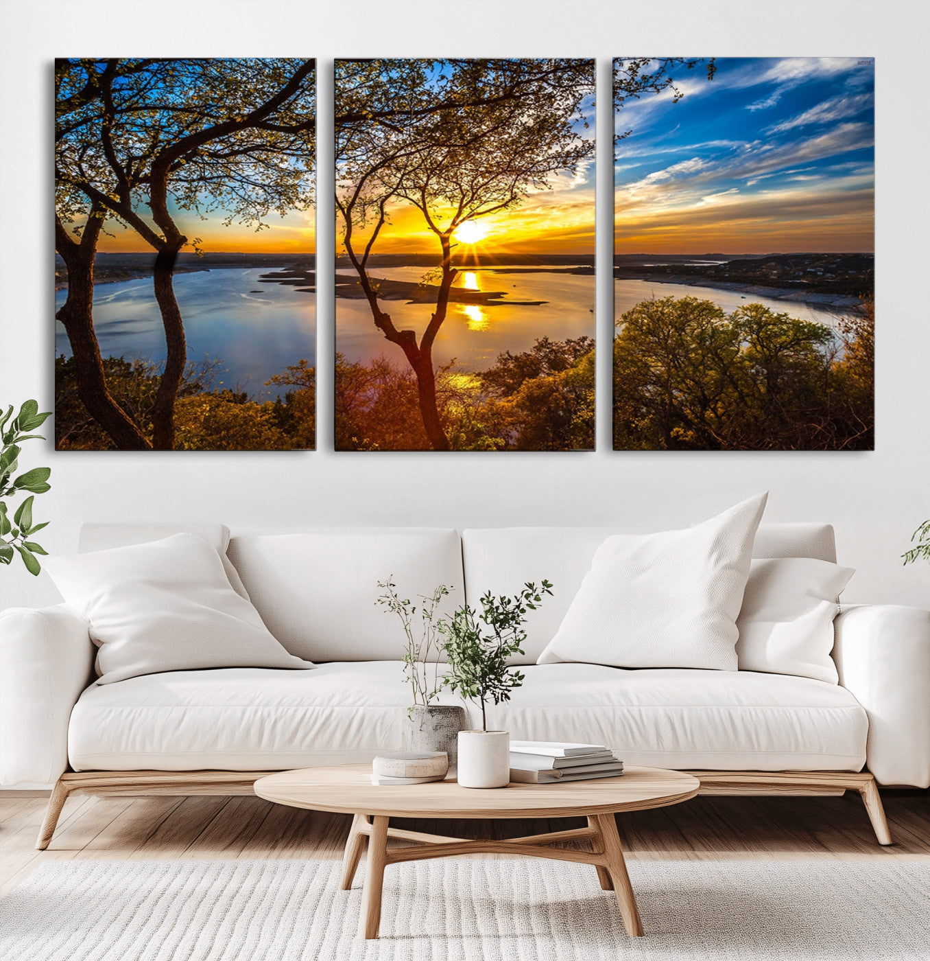 66839-MGV-CV-60X30-3P-Lake Sunset Wall Art – Golden Hour Canvas Print with Trees and Water Reflection, Scenic Landscape Photography for Living Room,