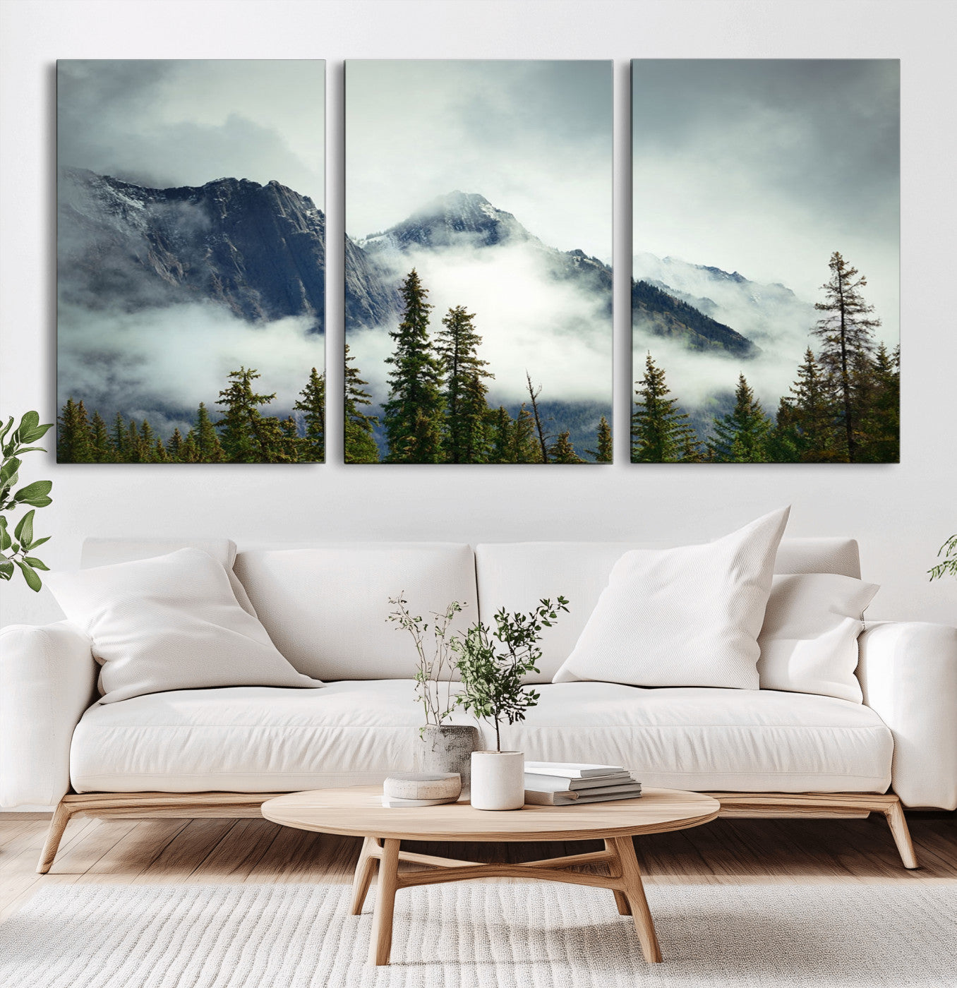 93219-MGV-CV-60X30-3P-Misty Mountain Wall Art – Foggy Pines and Rocky Peaks Canvas Print, Nature Landscape Decor for Living Room, Office or Bedroom