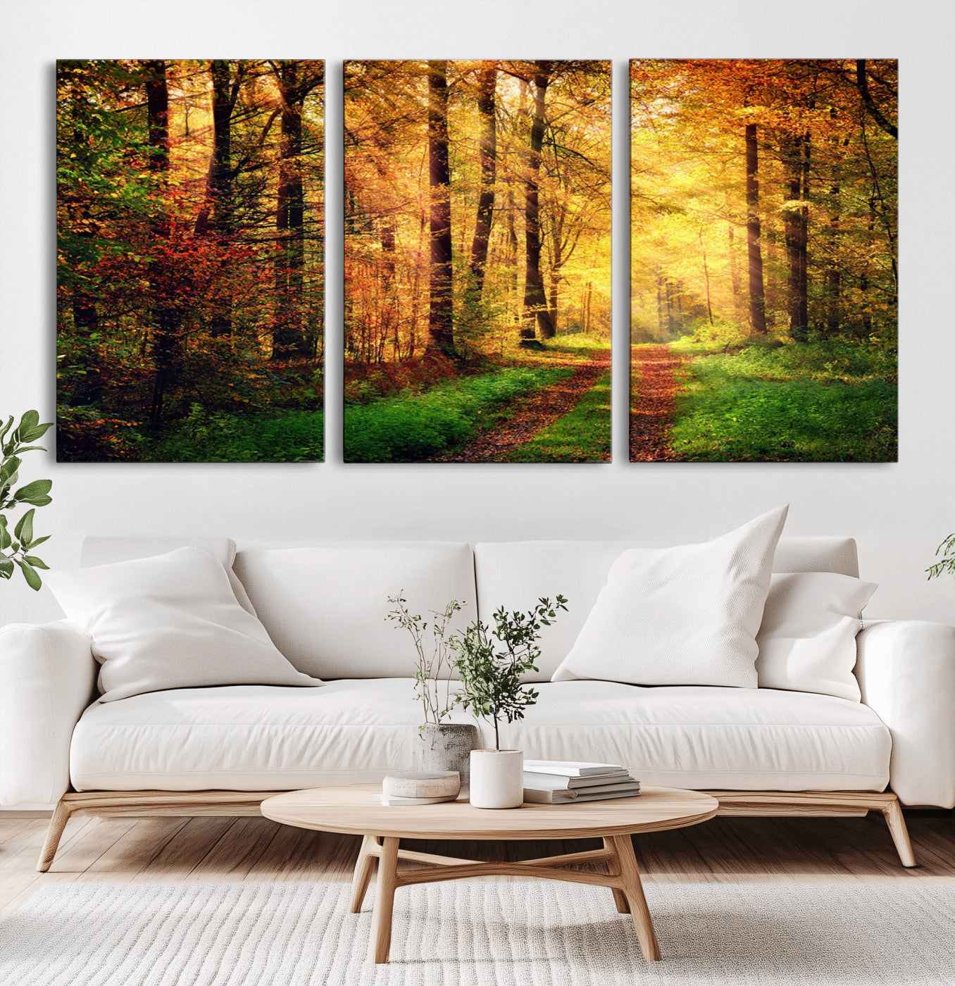 73494-MGV-CV-60X30-3P-Golden Autumn Forest Path Wall Art – Sunlit Woodland Canvas Print, Fall Nature Landscape Home Decoration