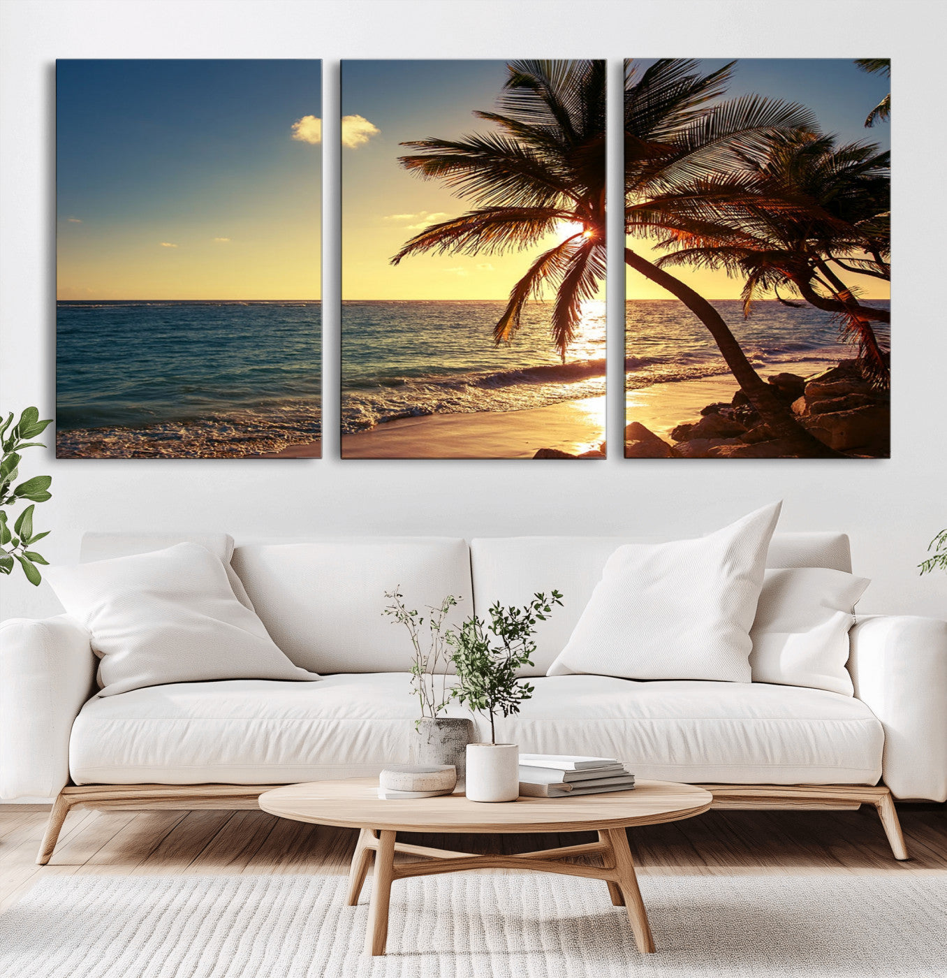 82710-MGV-CV-60X30-3P-Palm Tree Sunset Beach Wall Art – Tropical Ocean Canvas Print, Coastal Paradise Seascape Decor for Living Room or Office Wall