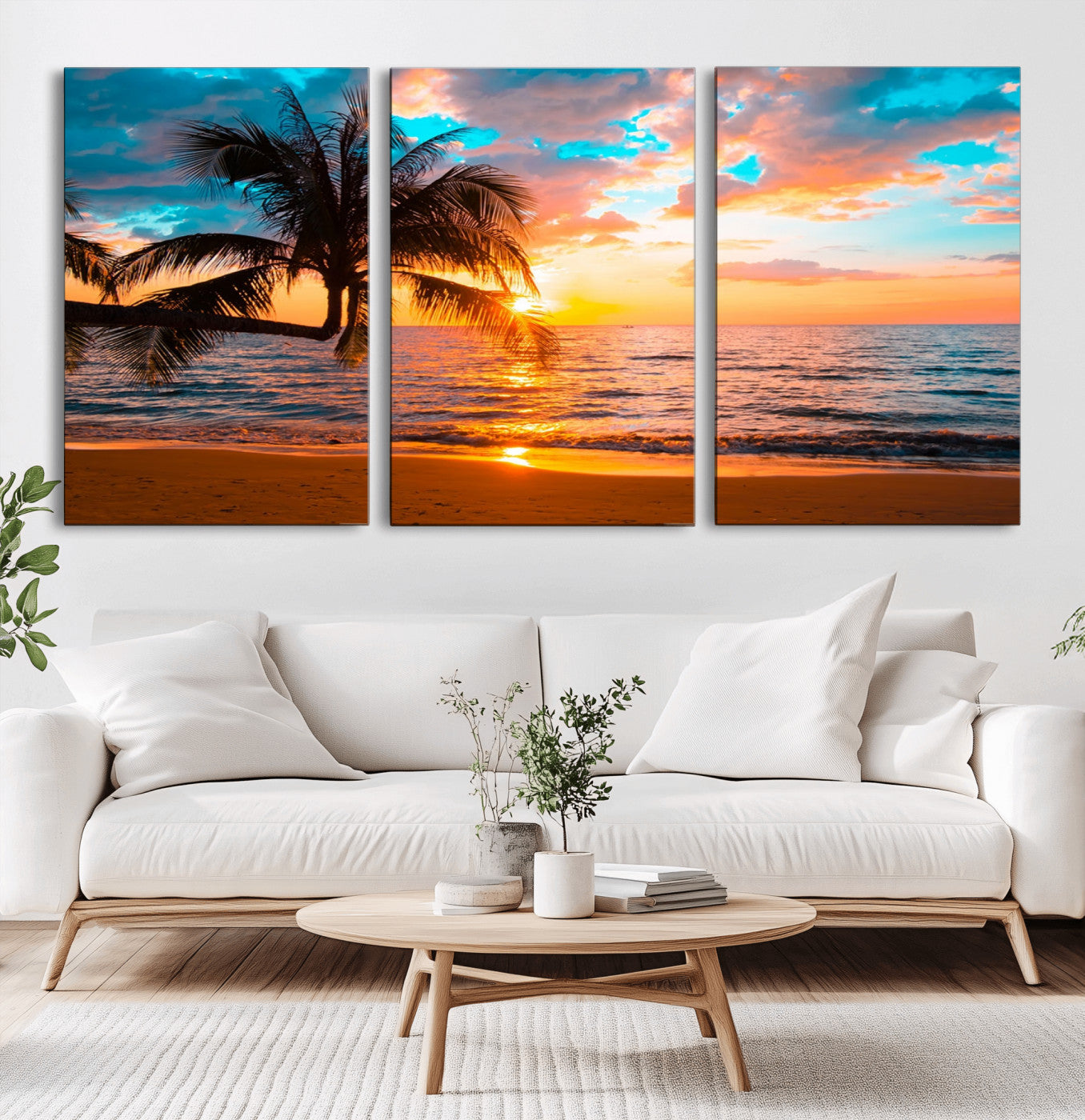 34674-MGV-CV-60X30-3P-Tropical Sunset Beach Wall Art – Palm Tree Ocean Canvas Print, Coastal Seascape Decor for Living Room or Office Wall