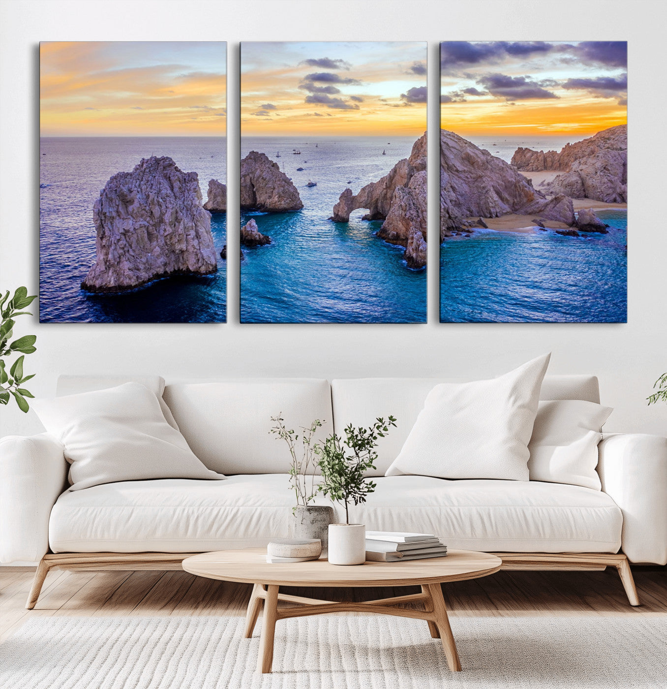 72955-MGV-CV-60X30-3P-Ocean Rock Formation Wall Art – Sunset Coastal Seascape Print, Beach Landscape Decor for Living Room or Office