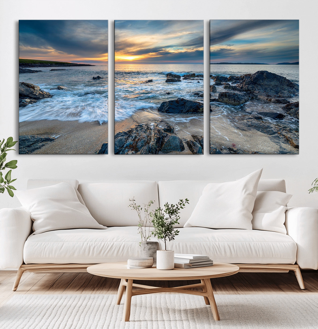 17902-MGV-CV-60X30-3P-Rocky Shore Ocean Sunset Wall Art – Coastal Seascape Canvas Print, Nature Beach Decor for Living Room or Office