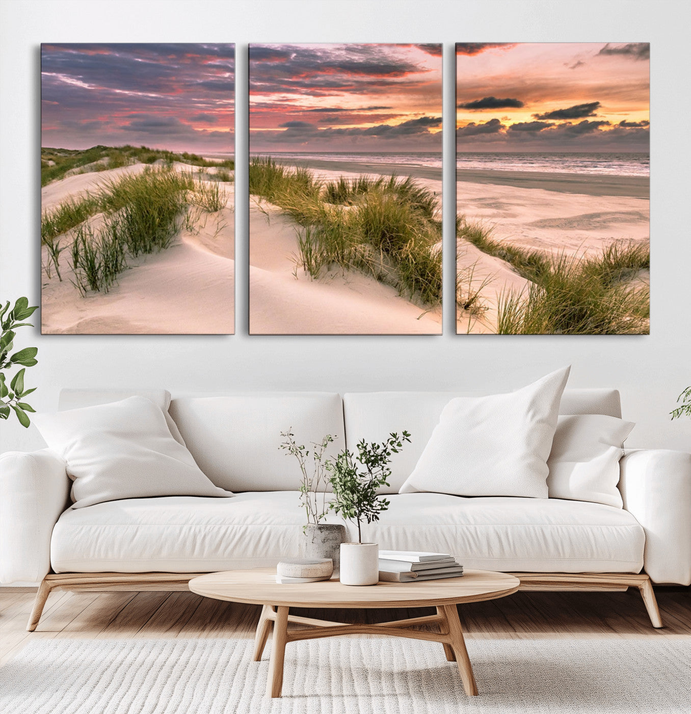 60570-MGV-CV-60X30-3P-Beach Sunset Wall Art – Coastal Sand Dunes and Ocean Horizon Canvas Print, Tranquil Seascape Photography Decor for Living Room or