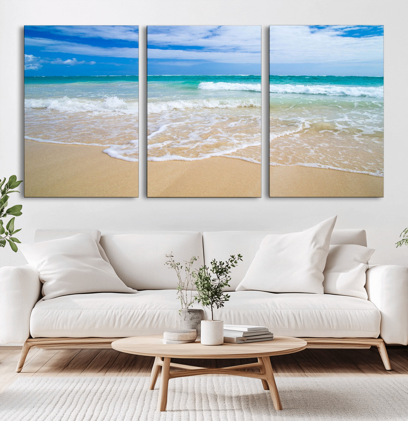 20660-MGV-CV-60X30-3P-Ocean Wave Beach Wall Art – Serene Blue Sea and Sandy Shore Canvas Print, Coastal Landscape Photography Decor for Living Room or