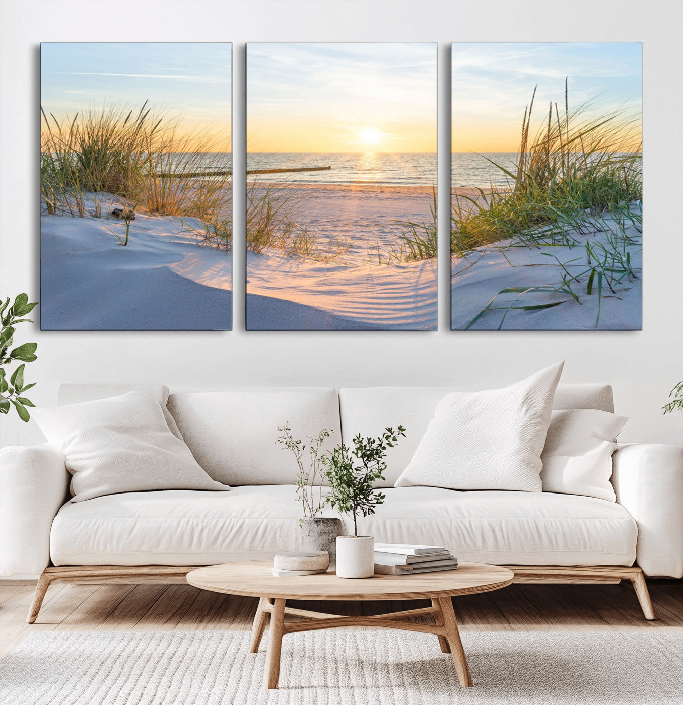 48907-MGV-CV-60X30-3P-Beach Sunset Wall Art – Coastal Sand Dunes and Ocean View Canvas Print, Serene Seaside Landscape Painting for Living Room, Bedroom