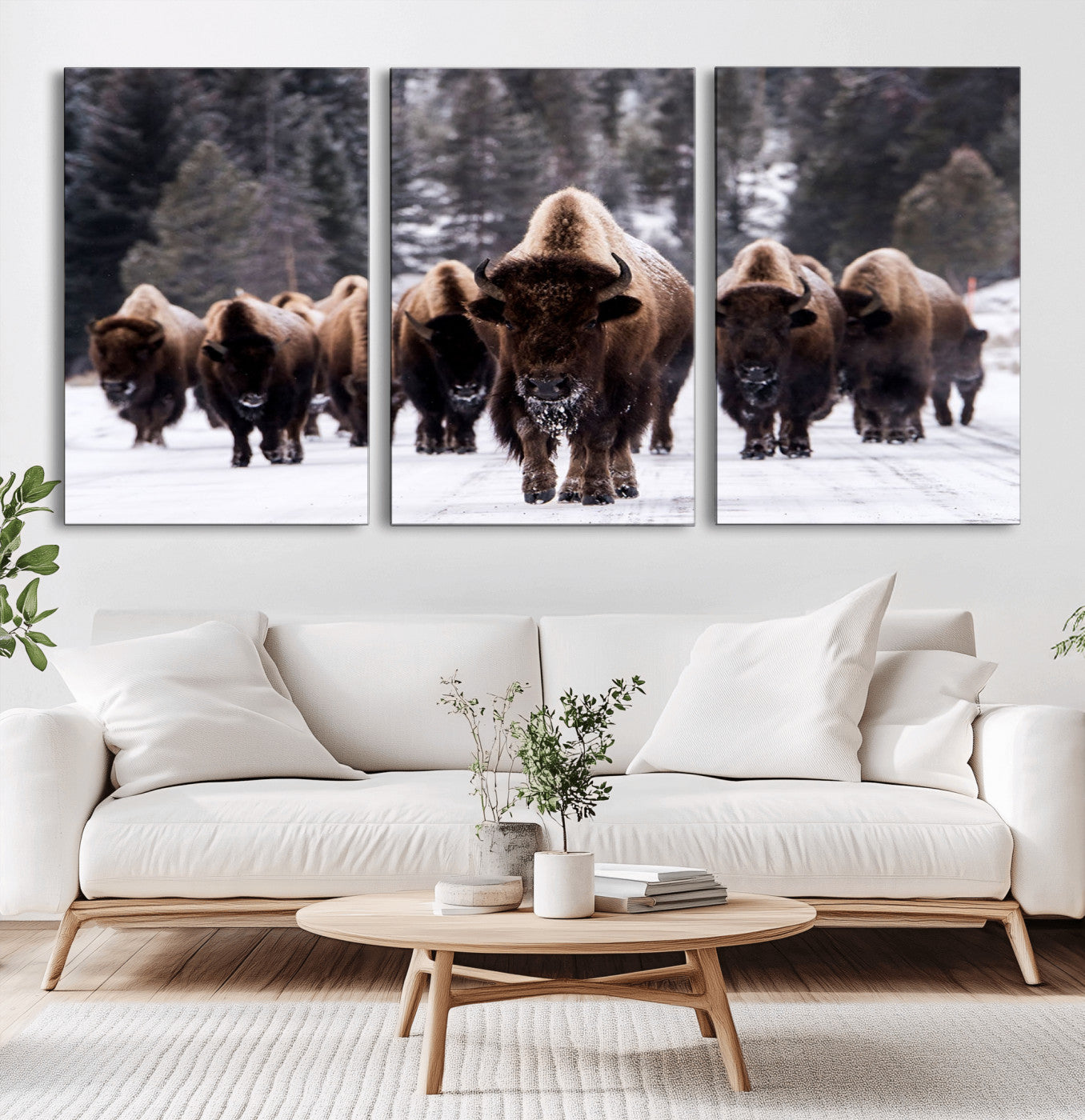 66871-MGV-CV-60X30-3P-Bison Herd Wall Art – Wildlife Buffalo Canvas Print, Rustic Western Nature Photography Decor for Living Room, Office, Cabin, or