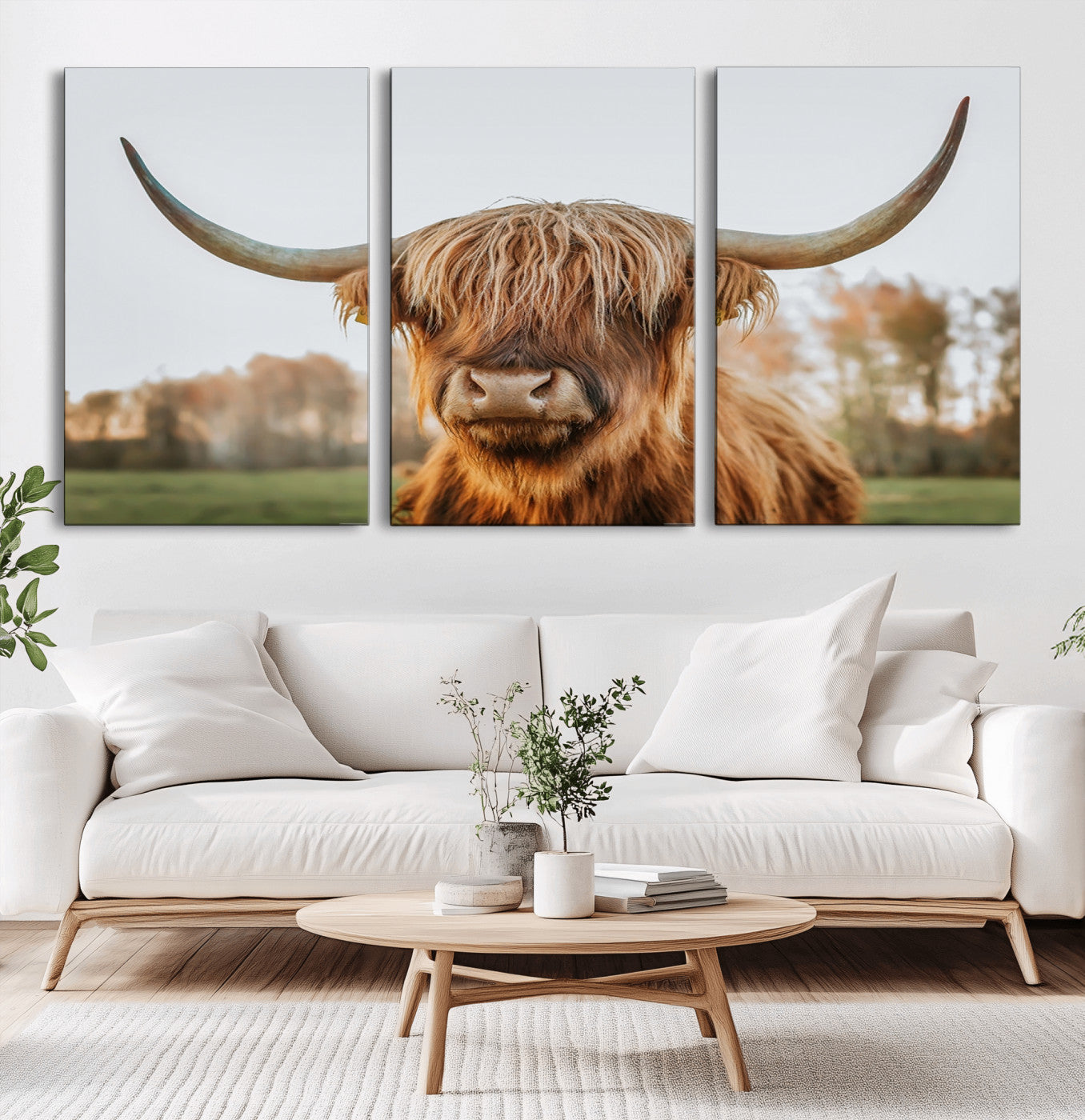 64824-MGV-CV-60X30-3P-Highland Cow Wall Art – Rustic Scottish Bull Canvas Print, Farmhouse Animal Decor for Living Room, Bedroom, Office or Cabin