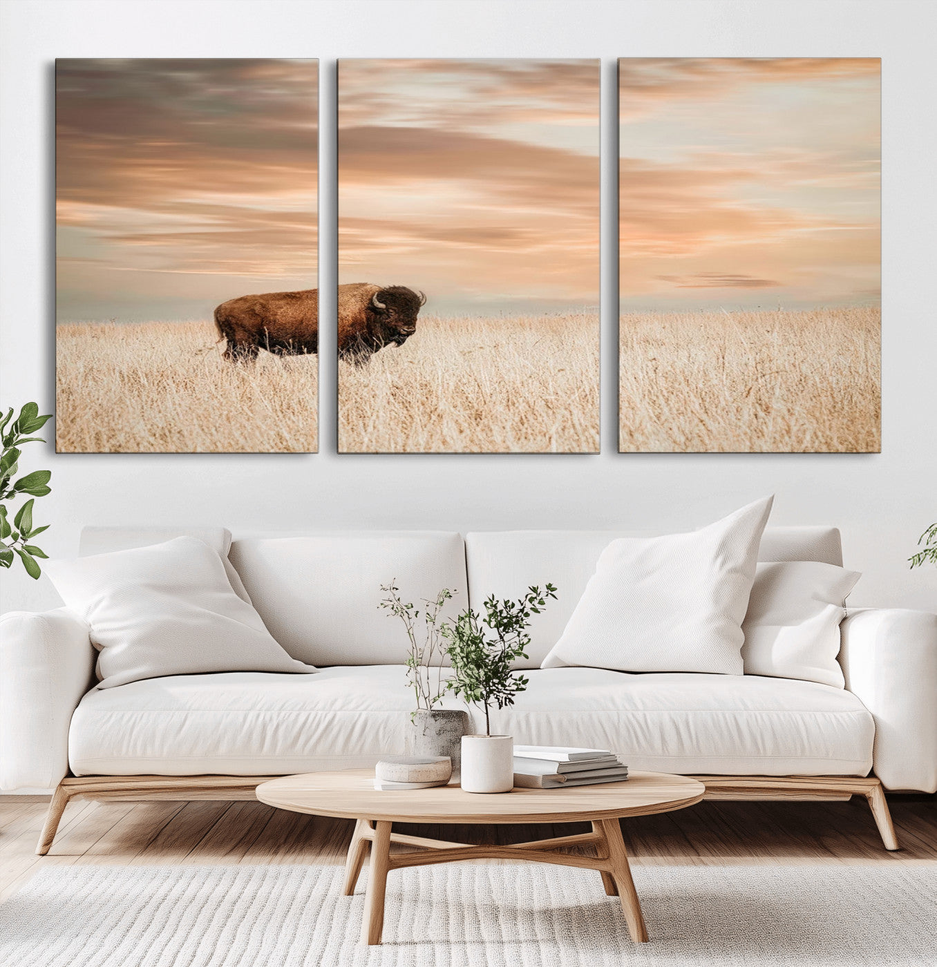 99699-MGV-CV-60X30-3P-Bison in Prairie at Sunset – Wildlife Photography Print, American Buffalo Wall Art, Nature Landscape Canvas Decor for Office
