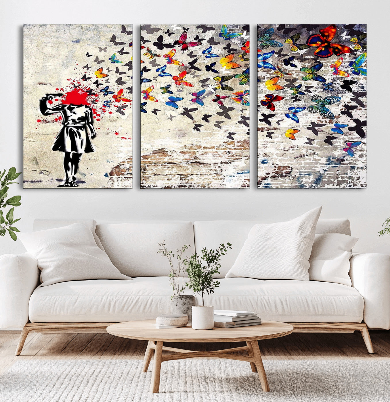 88654-MGV-CV-60X30-3P-Butterfly Explosion Graffiti Wall Art – Street Art Canvas Print, Colorful Butterfly Spray Mural, Modern Abstract Urban Wall Decor