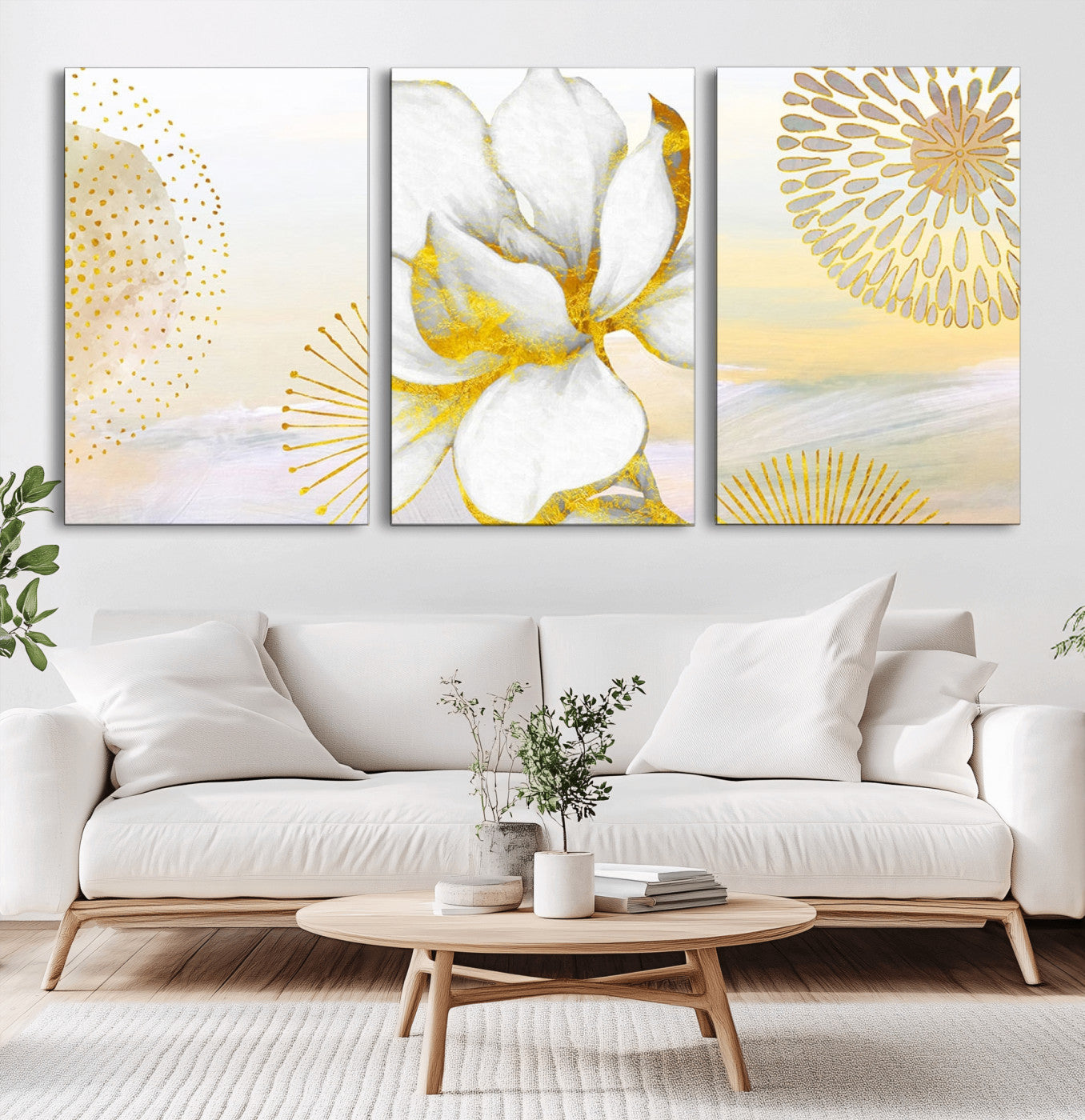 82301-MGV-CV-60X30-3P-Modern Floral Wall Art – White Flower with Gold Detailing Canvas Print, Elegant Abstract Artwork for Living Room, Bedroom, or