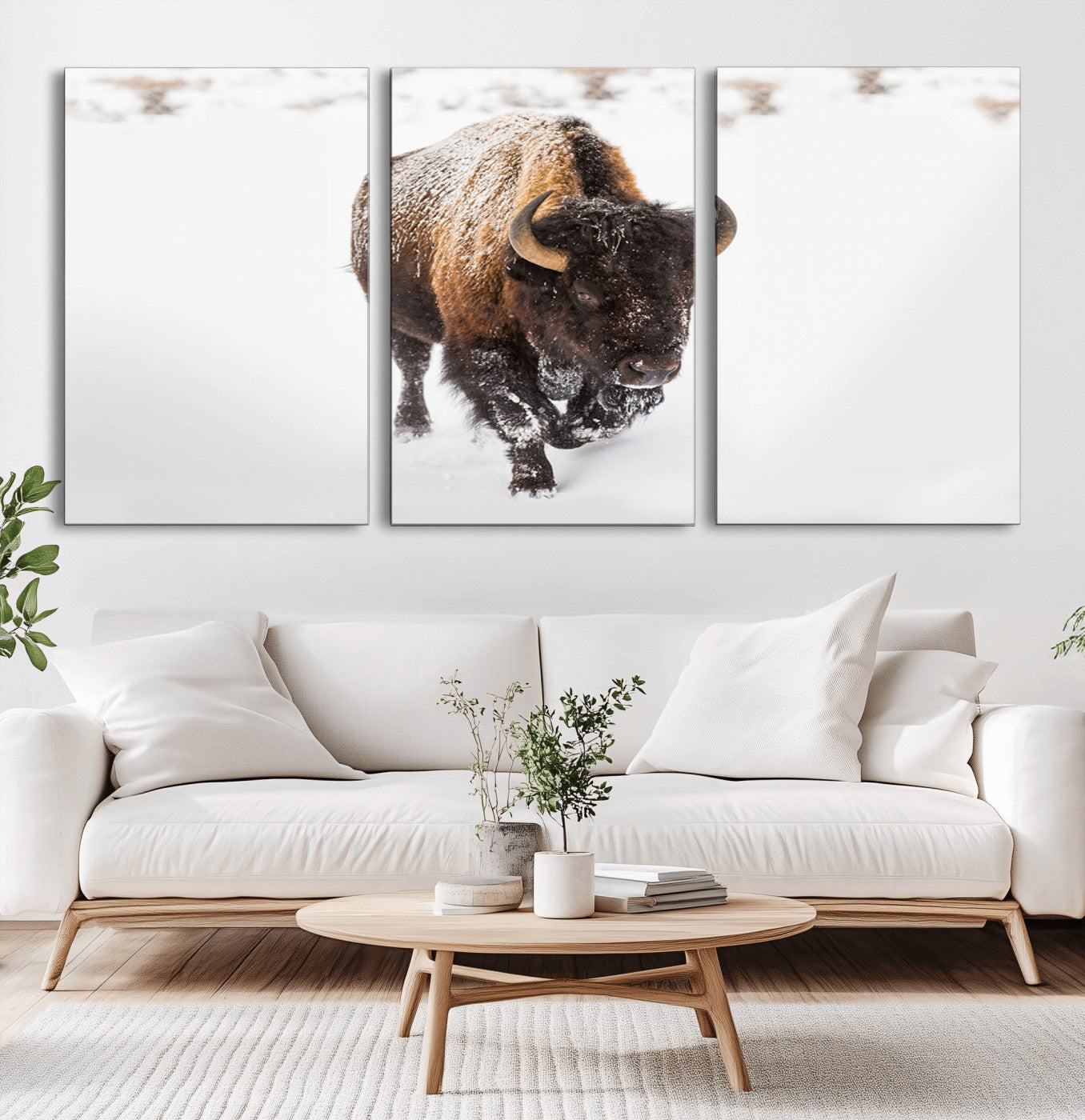 19889-MGV-CV-60X30-3P-Snow Bison Wall Art – Majestic Buffalo Winter Landscape Canvas Print, Rustic Wildlife Photography Decor for Cabin, Lodge, Living