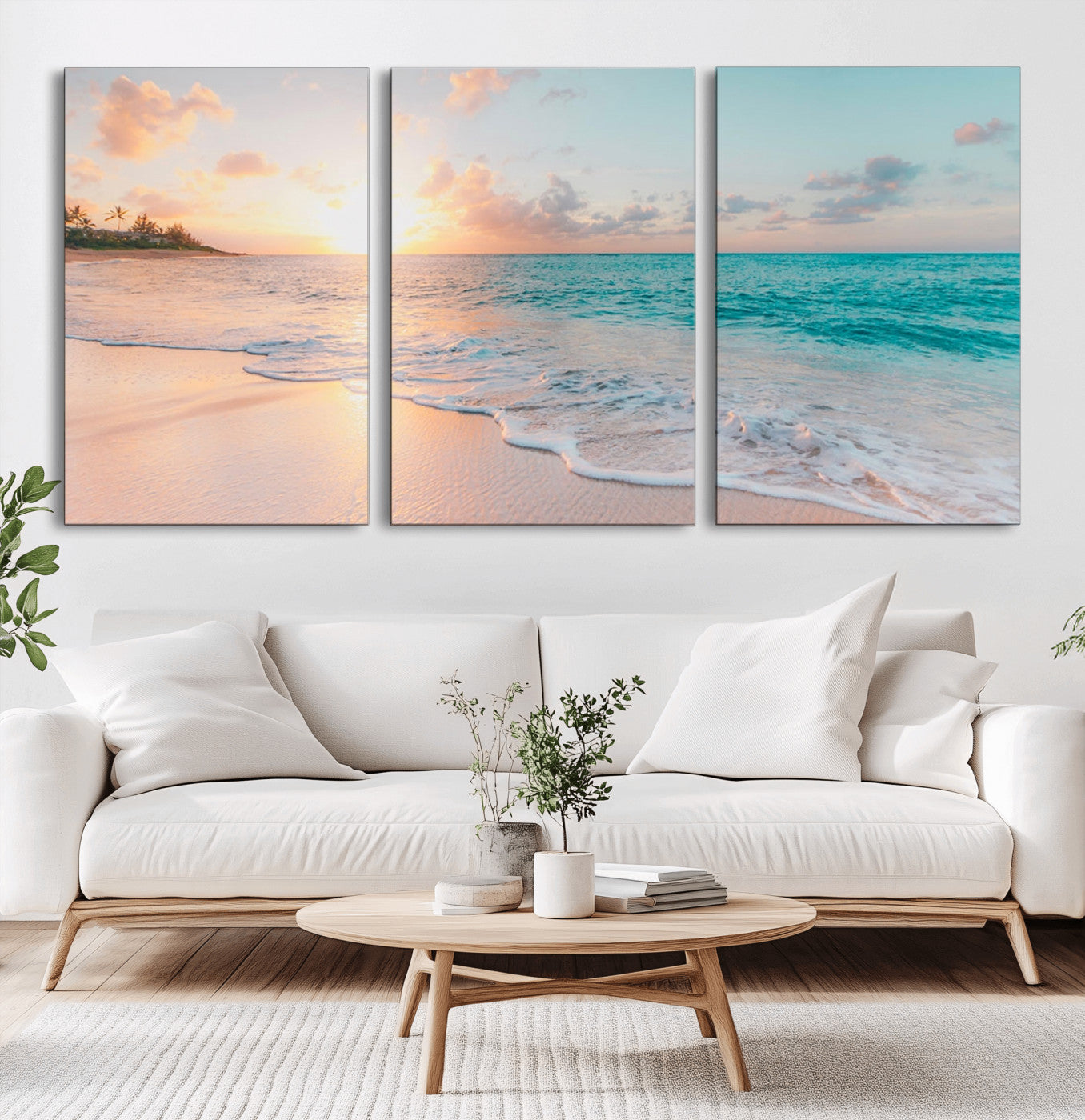 36554-MGV-CV-60X30-3P-Tropical Beach Sunset Wall Art – Ocean Waves and Palm Canvas Print, Coastal Seascape Photography Decor for Living Room, Bedroom,