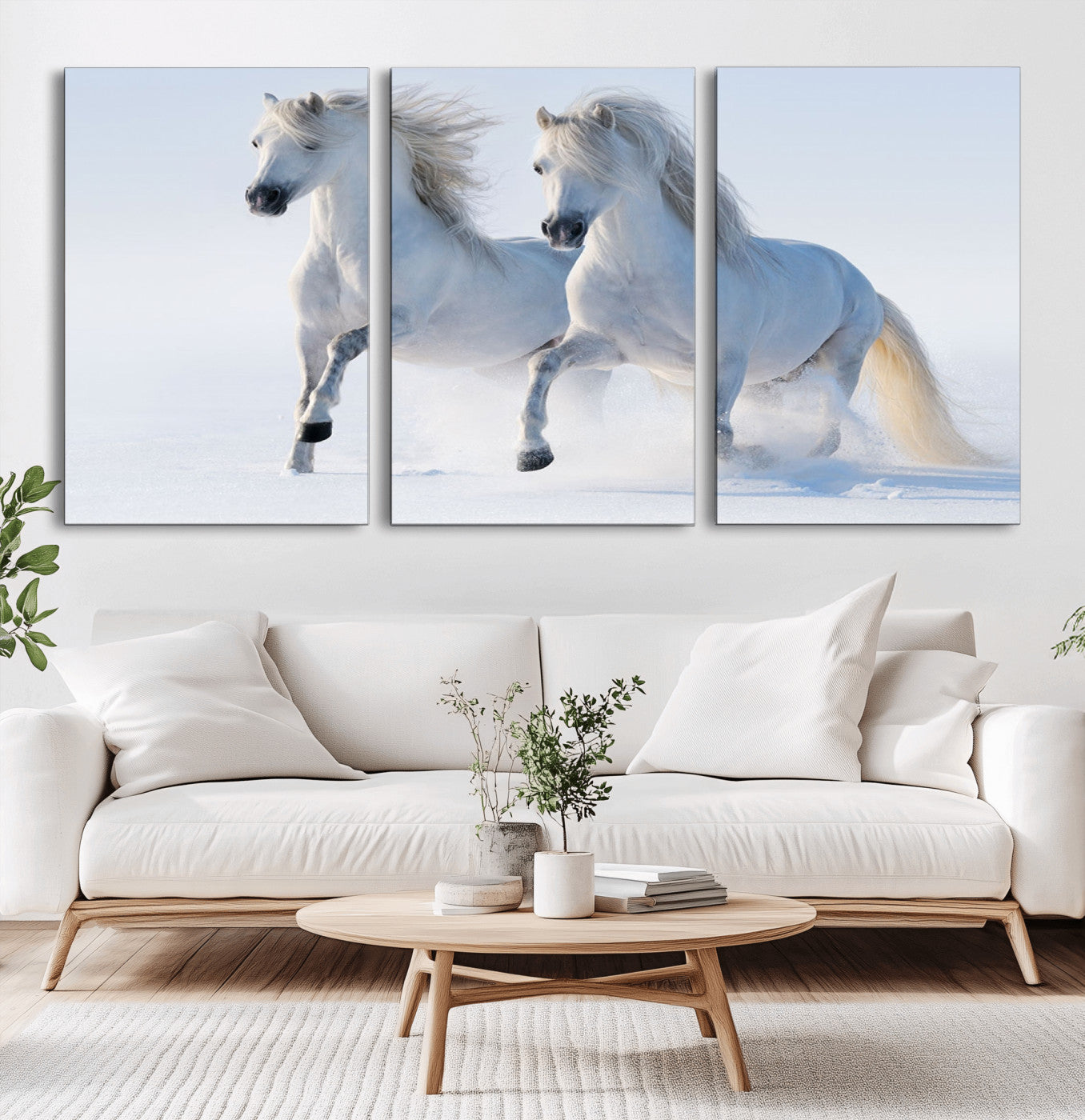80145-MGV-CV-60X30-3P-White Horses Running Snow Wall Art – Majestic Equine Canvas Print, Winter Nature Photography Decor for Living Room, Office,