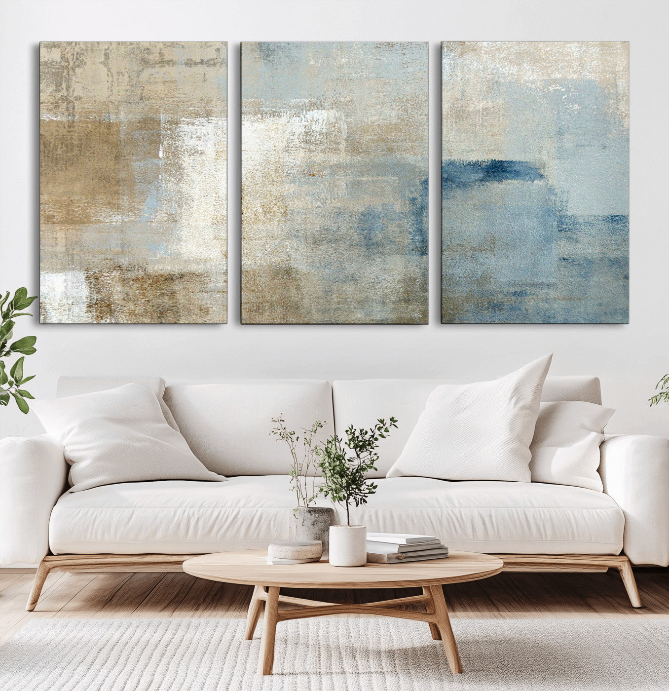 38126-MGV-CV-60X30-3P-Neutral Abstract Wall Art – Modern Beige and Blue Canvas Print and Minimalist Textured Painting for Living Room, Bedroom or Office