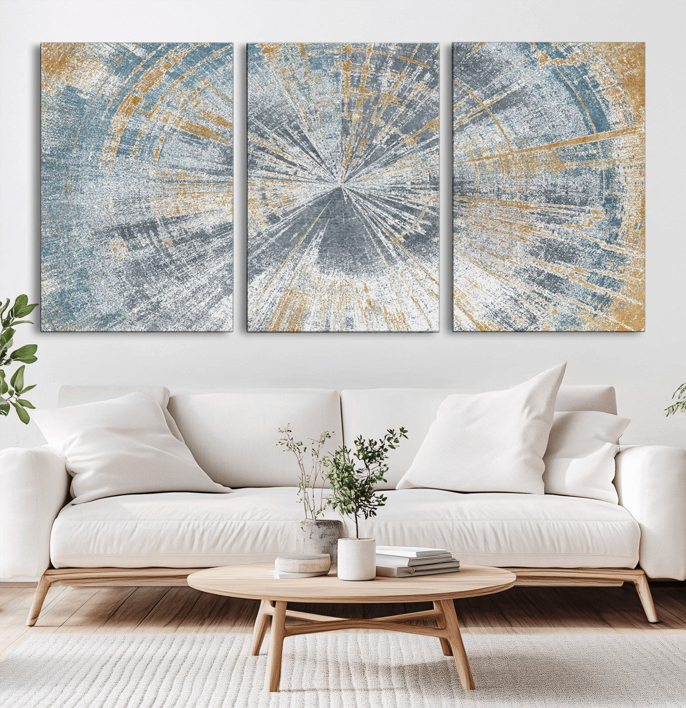 17631-MGV-CV-60X30-3P-Radiant Burst Wall Art – Abstract Sunburst Canvas Print in Blue and Gold, Modern Geometric Painting for Living Room, Office or