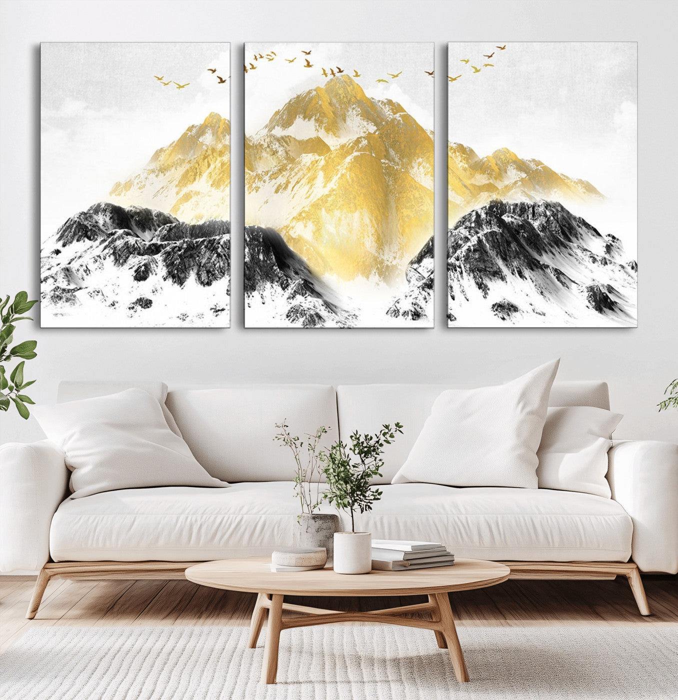 37733-MGV-CV-60X30-3P-Golden Mountain Wall Art – Modern Abstract Landscape Canvas Print with Birds, Luxury Nature Decor for Living Room, Bedroom, or