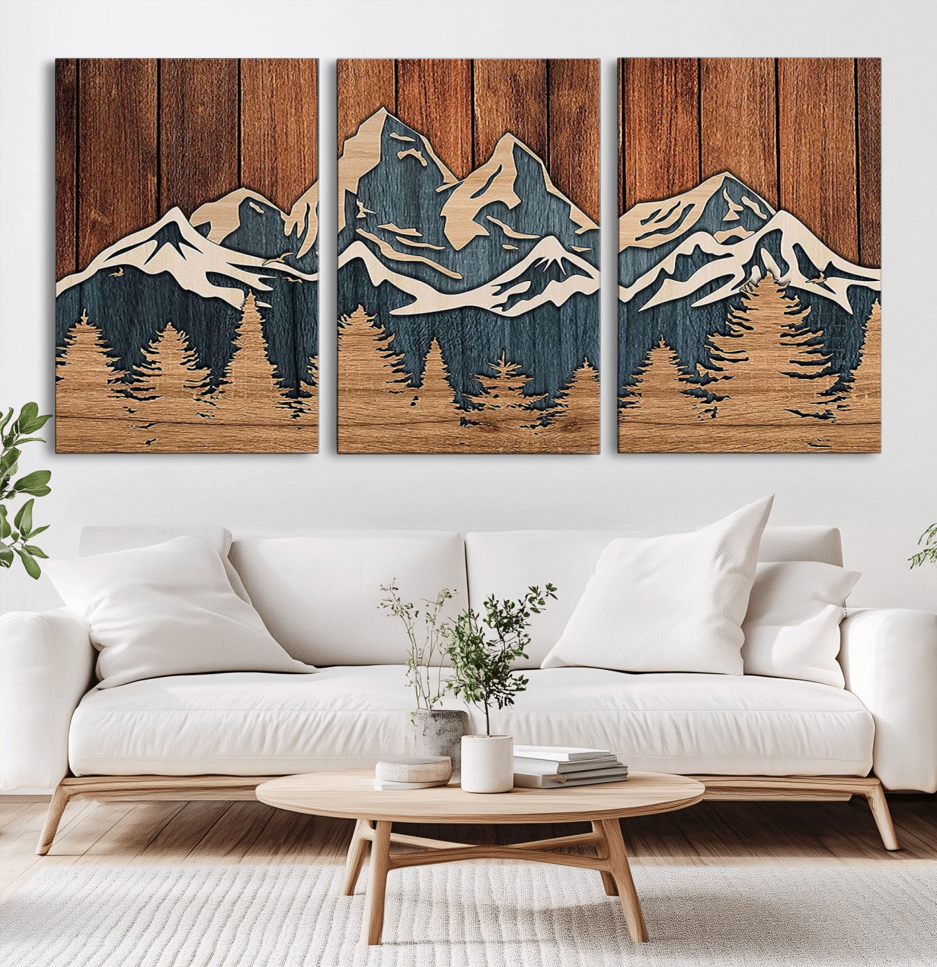 41330-MGV-CV-36X24-Rustic Mountain Wall Art – Wooden Nature Scene with Trees and Peaks, Handmade 3D Layered Decor for Living Room, Cabin or Office