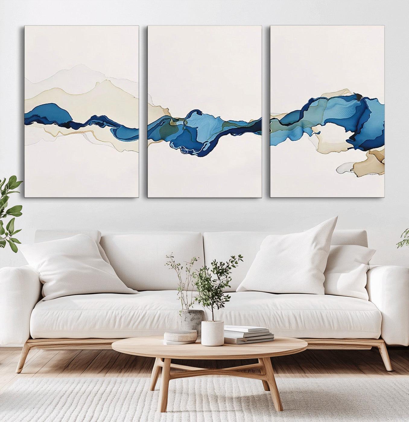 95528-MGV-CV-60X30-3P-Abstract Blue Wave Wall Art – Modern Ocean Inspired Canvas Print, Minimalist Fluid Painting for Living Room, Bedroom or Office