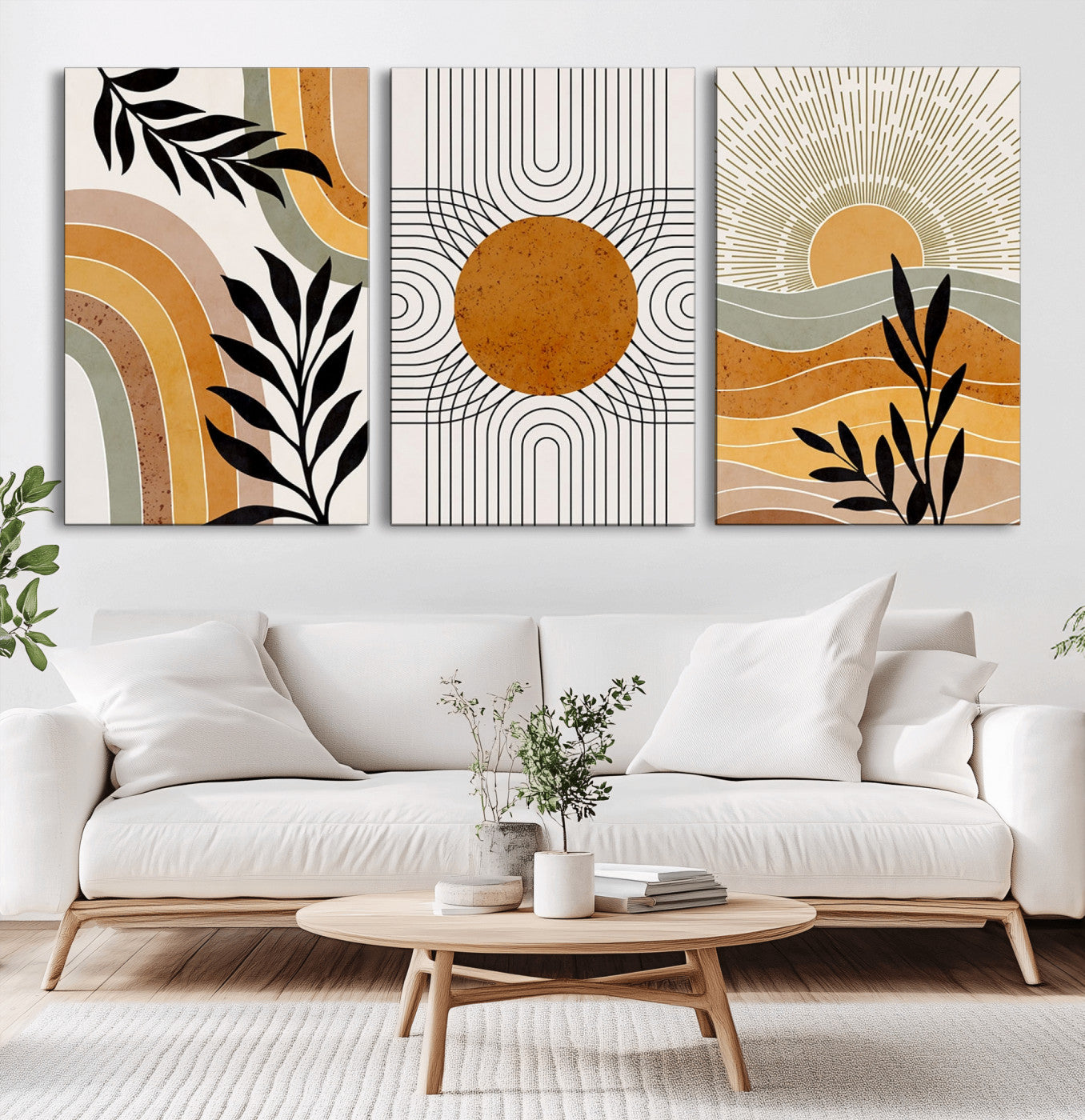 44668-MGV-CV-60X30-3P-Mid Century Modern Wall Art – Abstract Sun and Rainbow Canvas Print, Minimalist Geometric Boho Decor for Living Room, Bedroom or