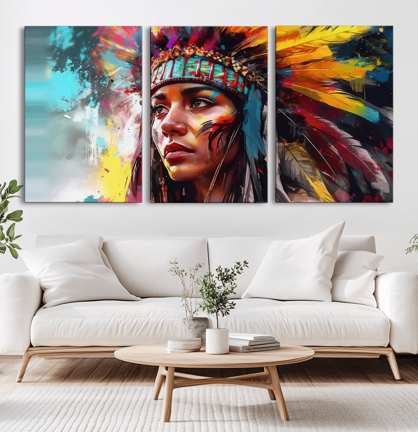 70785-MGV-CV-36X24-Tribal Woman Wall Art – Colorful Abstract Portrait Canvas with Feather Headdress, Bold Ethnic Inspired Decor for Living Room,