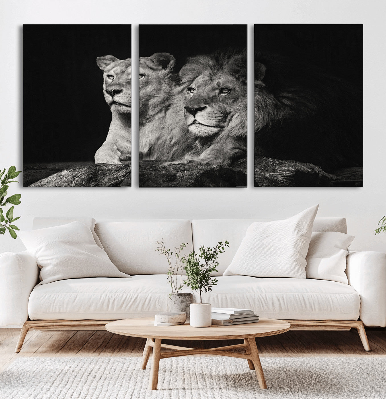80013-MGV-CV-60X30-3P-Lion and Lioness Wall Art – Black and White Wildlife Photography Canvas Print, African Safari Animal Decor for Office, Bedroom