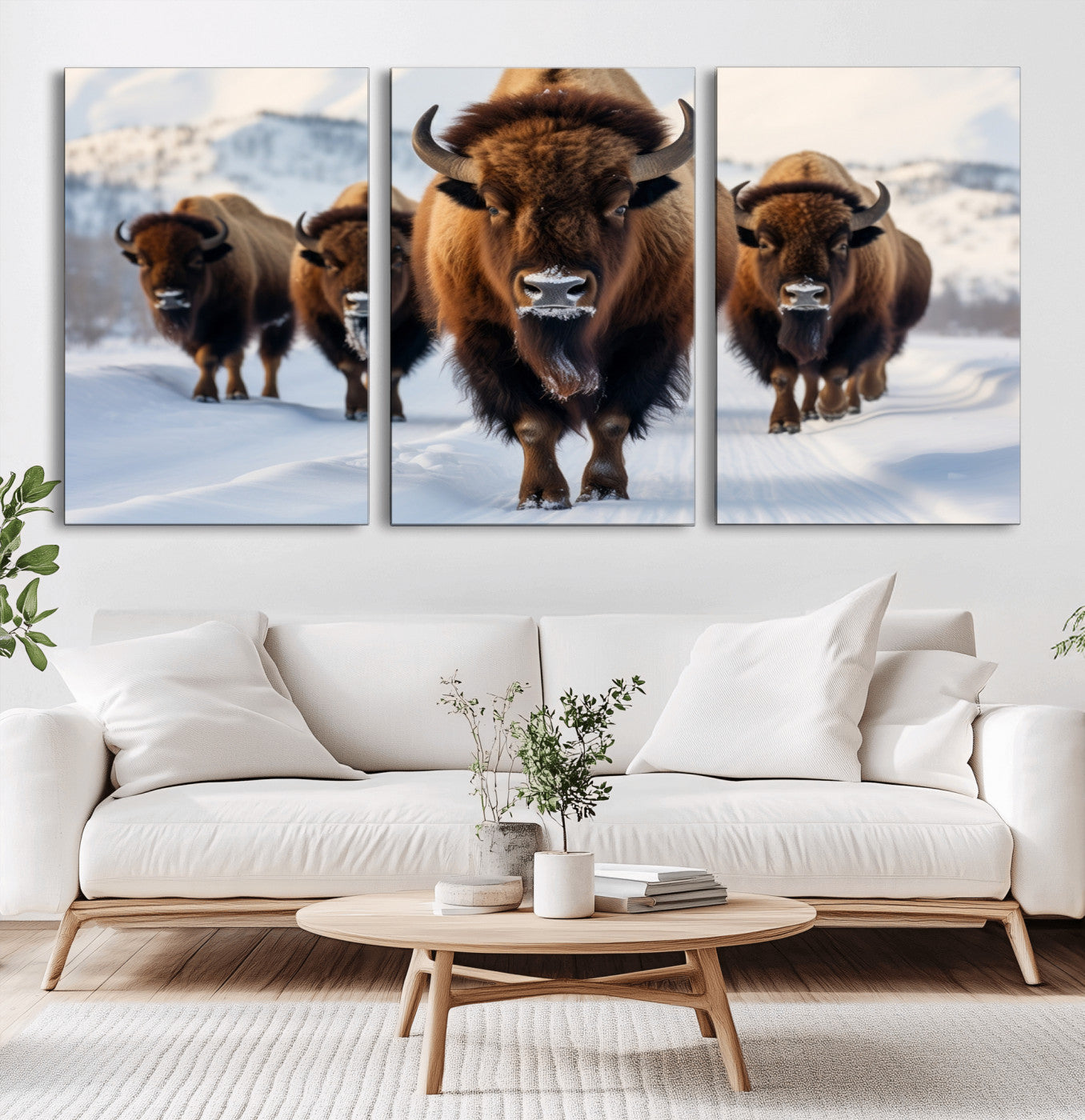 56701-MGV-CV-36X24-Bison Herd Wall Art – Buffalo Walking in Snowy Mountains Canvas Print, Rustic Wildlife Decor for Cabin, Lodge, or Living Room
