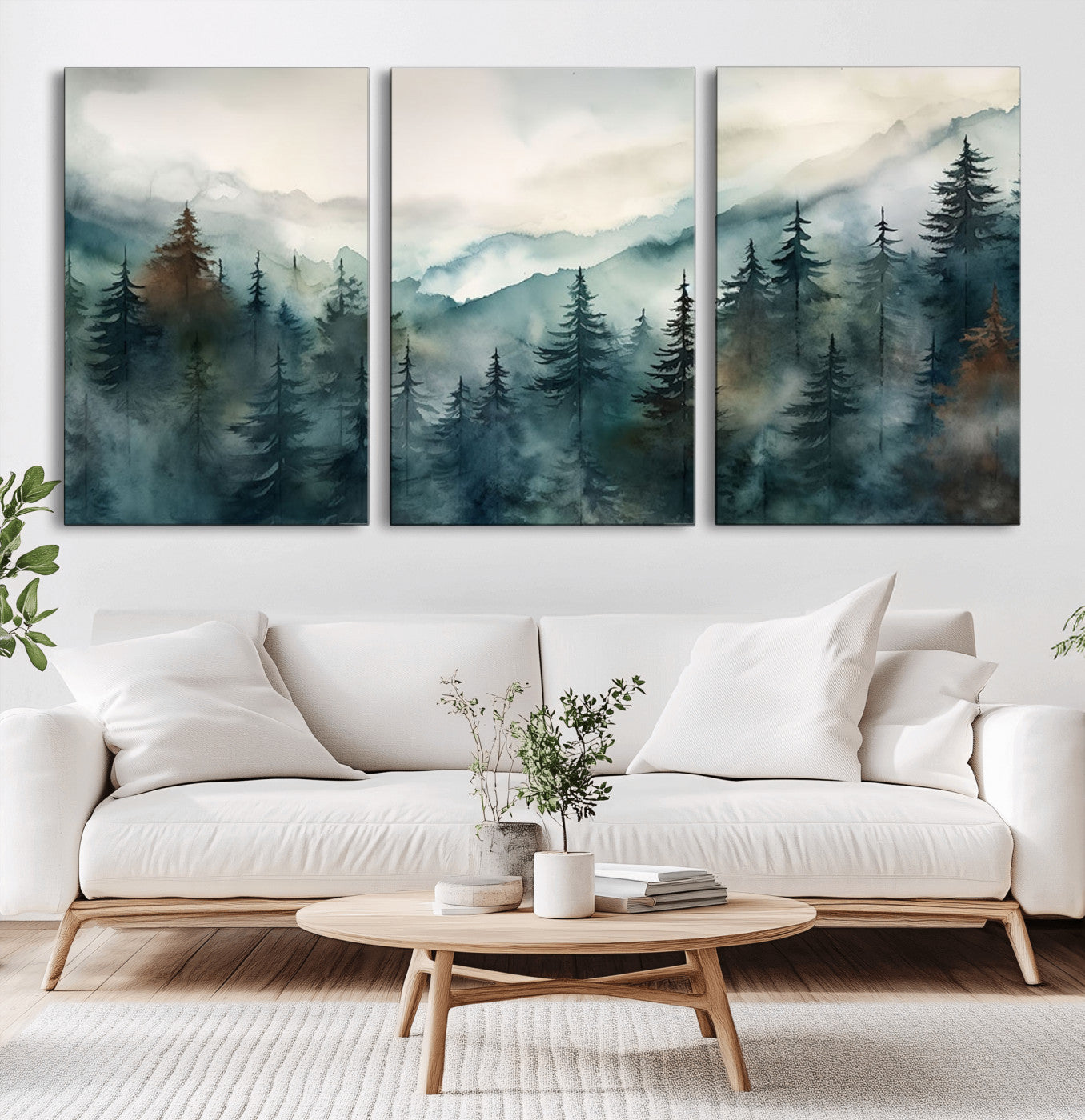 48468-MGV-CV-36X24-Foggy Forest Wall Art – Watercolor Mountain Pine Landscape Canvas Print, Nature Woodland Painting for Living Room, Bedroom or