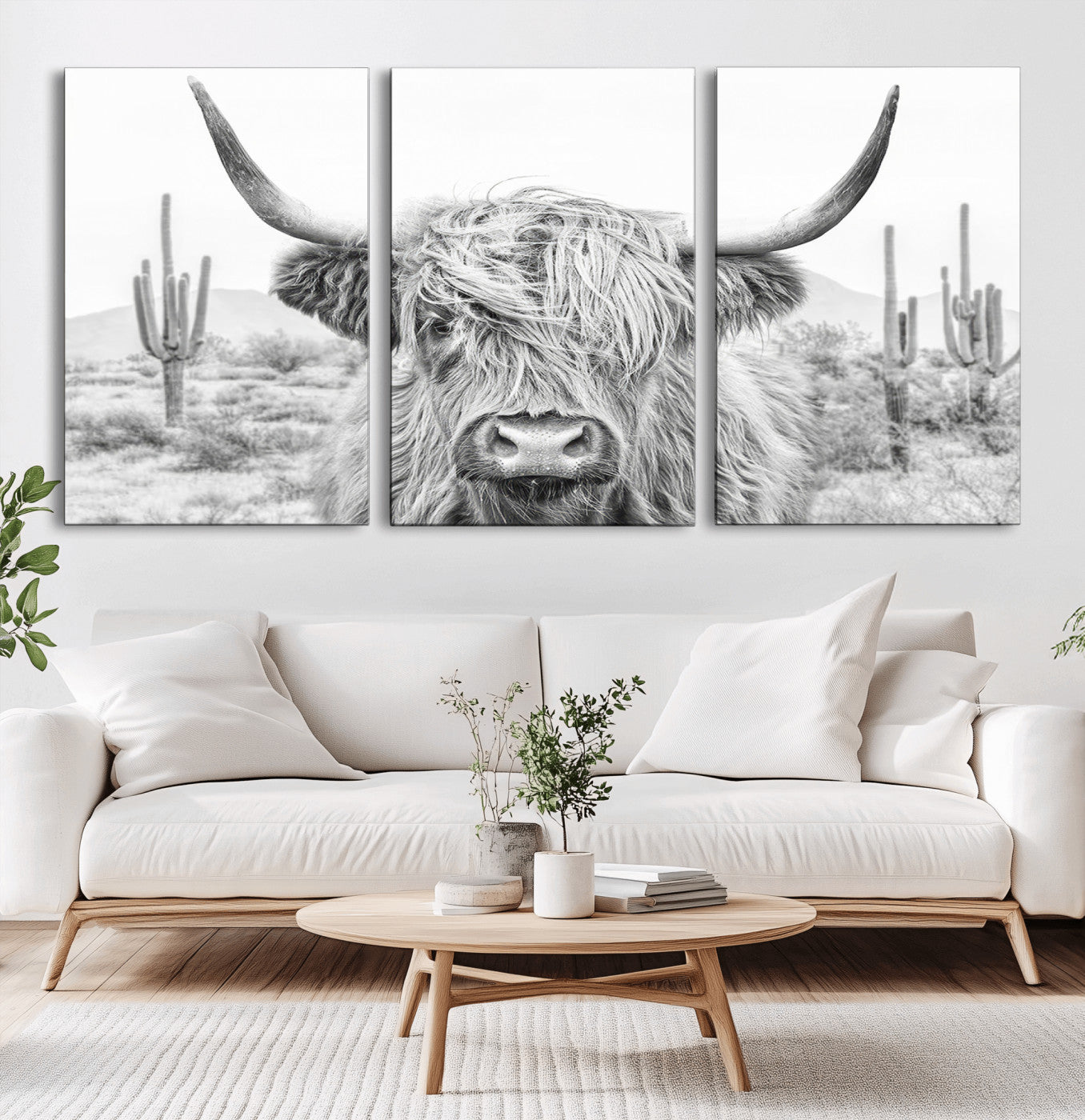 94579-MGV-CV-36X24-Highland Cow Wall Art – Black and White Longhorn Canvas Print, Rustic Western Farmhouse Animal Photography for Living Room,