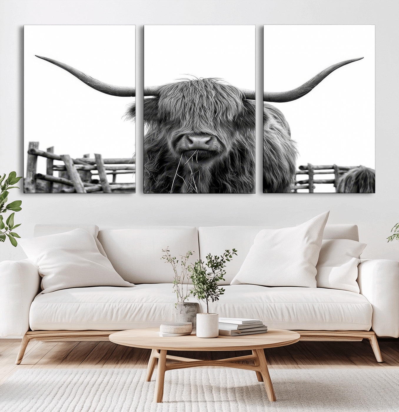 58188-MGV-CV-36X24-Highland Cow Wall Art – Black and White Rustic Farmhouse Canvas Print, Longhorn Cattle Photography Decor for Living Room or