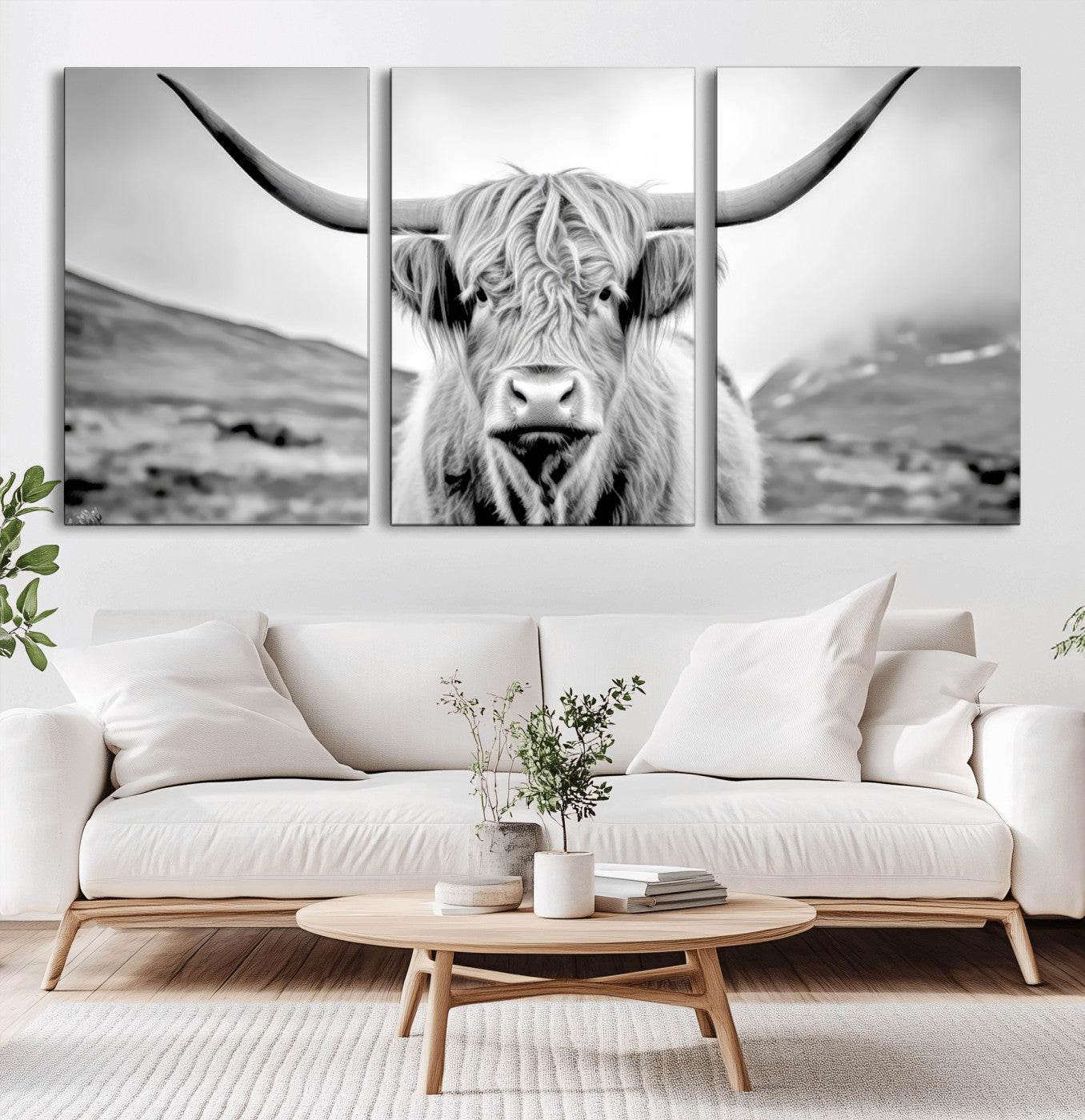80564-MGV-CV-36X24-Highland Cow Wall Art – Black and White Scottish Highland Canvas Print, Rustic Farmhouse Decor for Living Room, Bedroom or Office