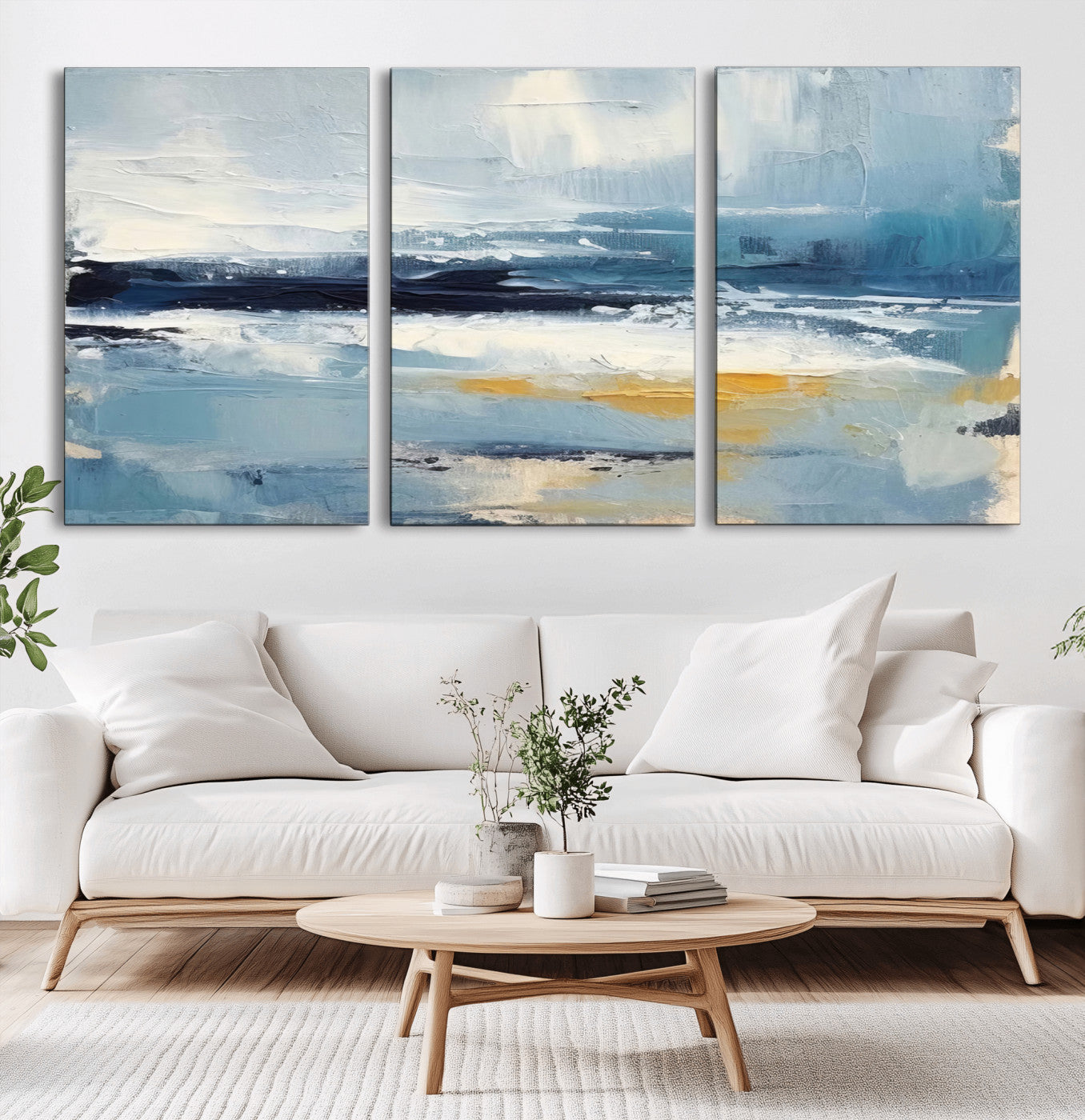 19746-MGV-CV-36X24-Abstract Ocean Wall Art – Modern Coastal Canvas Print with Blue, White and Gold Textures, Contemporary Seascape Painting for
