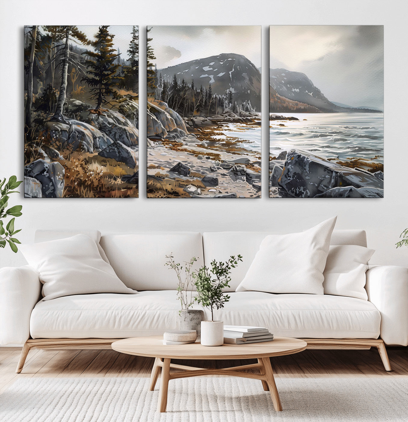 41281-MGV-CV-60X30-3P-Rocky Shoreline Wall Art – Panoramic Mountain Coast and Forest Canvas Print, Rustic Nature Landscape Decor for Cabin, Lodge, or