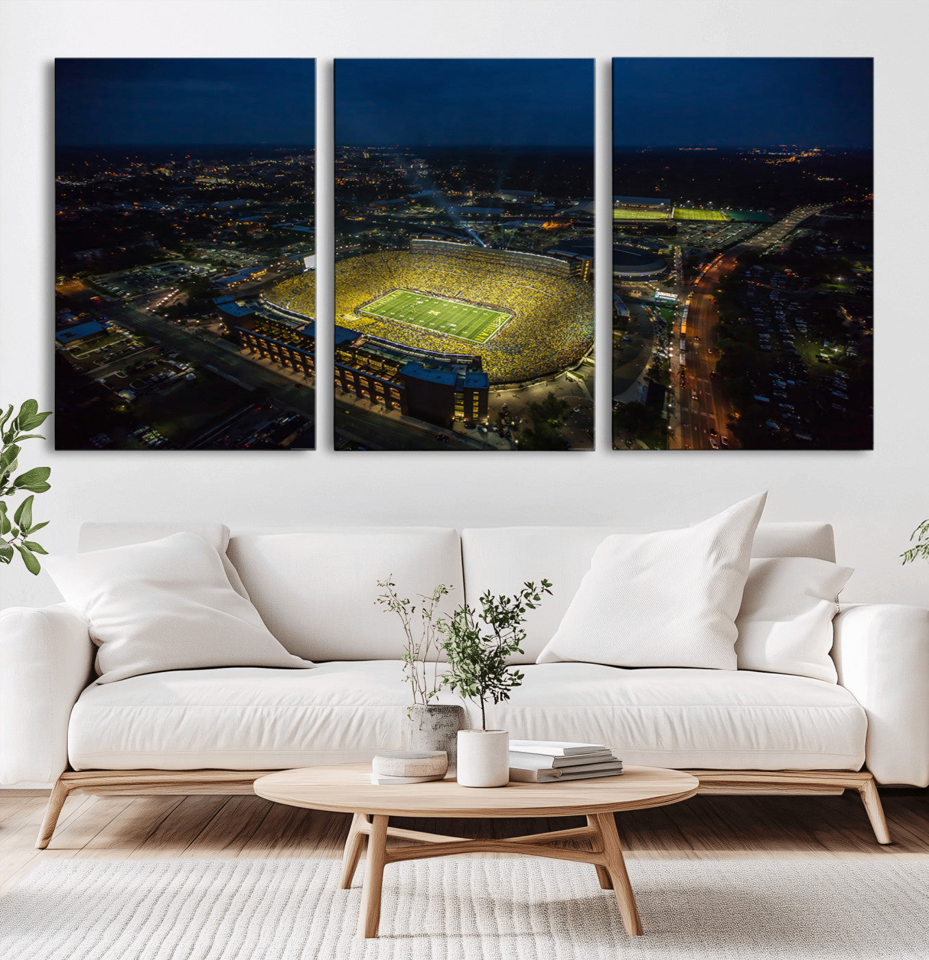 33588-MGV-CV-60X30-3P-Football Stadium Wall Art – Aerial Night Game Canvas Print Packed Field City Lights, Sports Photography Decor for Game Room, Man