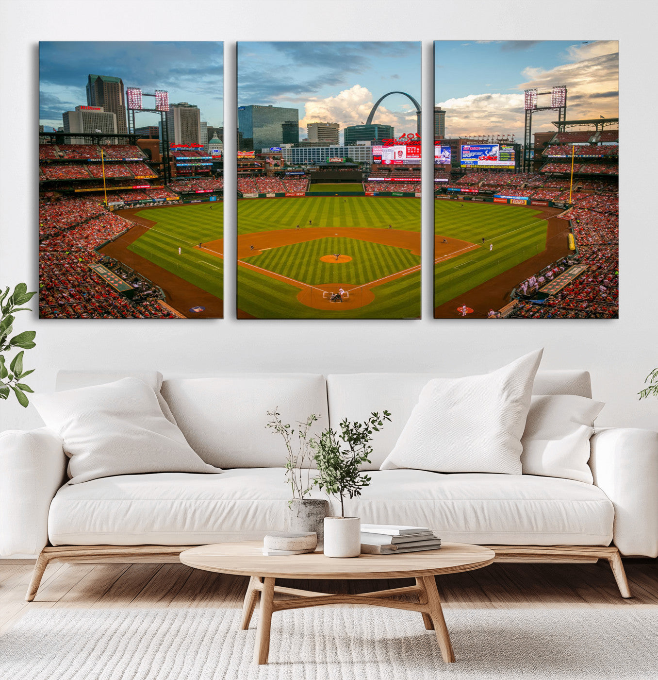 91908-MGV-CV-60X30-3P-Baseball Stadium Wall Art – Canvas Print Game Day Field City Skyline Iconic Arch Scene Sports Photography, Decor for Game Room,