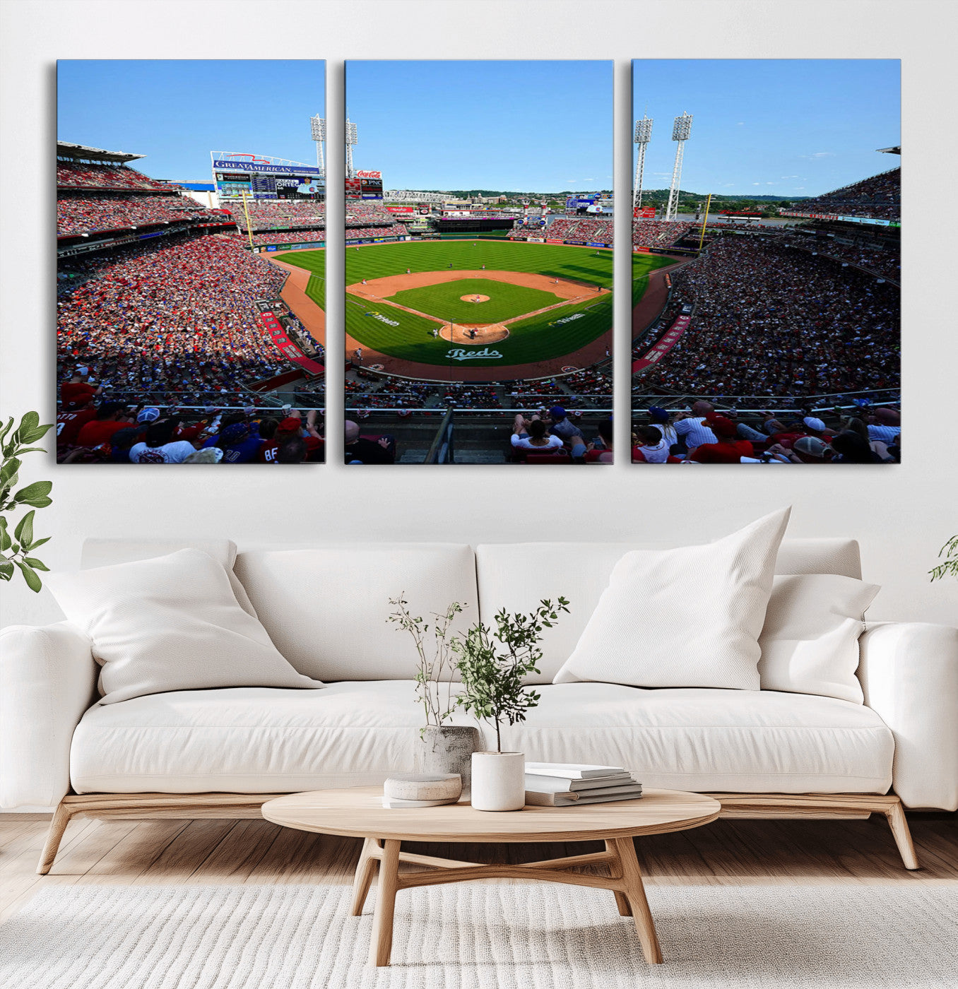 90998-MGV-CV-36X24-Baseball Stadium Wall Art – Canvas Print Day Game Field Packed Crowd Bright Blue Sky Sports Photography, Classic Decor for Game