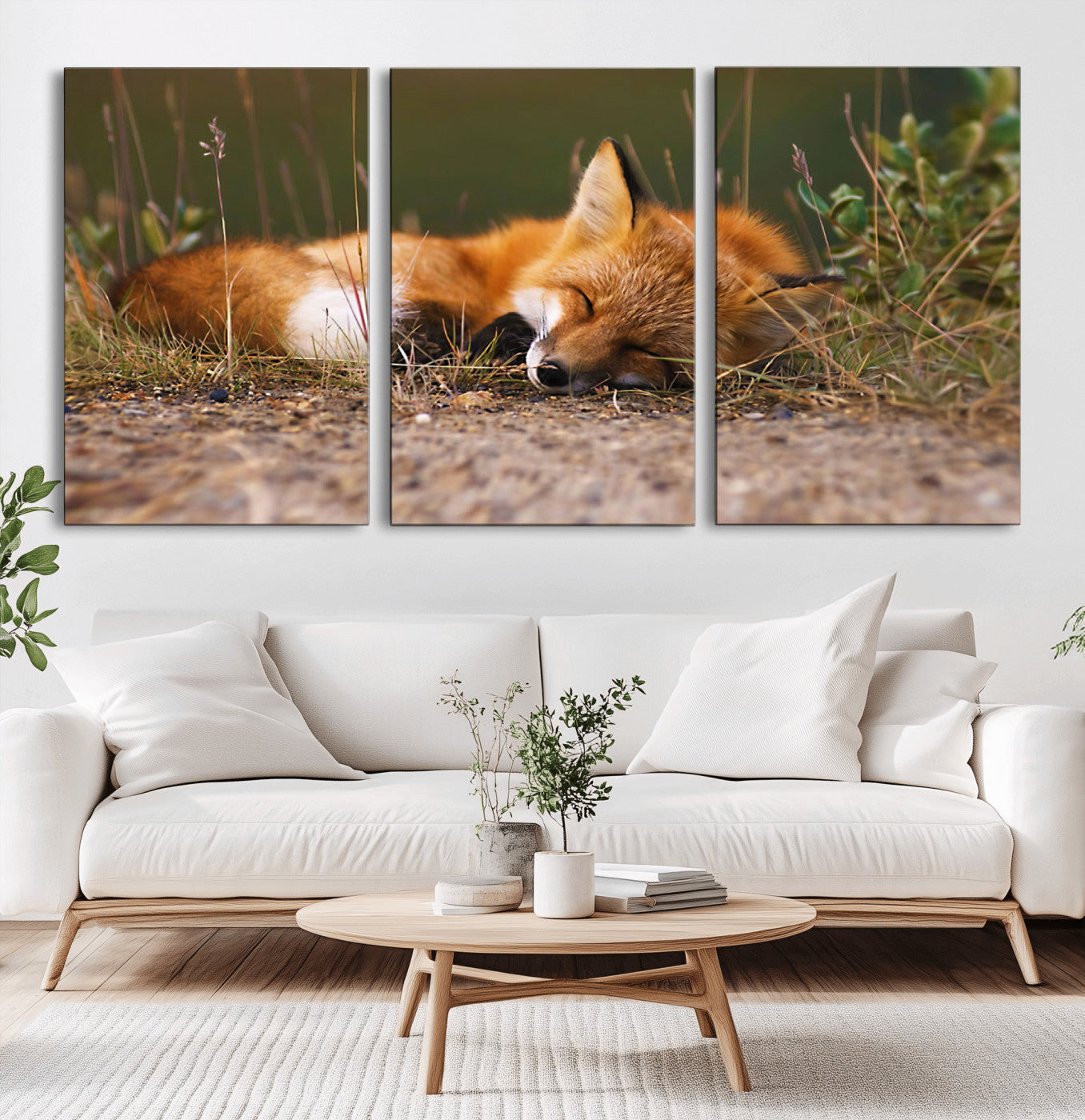 25085-MGV-CV-60X30-3P-Sleeping Fox Wall Art Canvas Print, Framed Rustic Fox Art Picture Print, Wildlife Animal Perfect Rustic Farmhouse Decor Artwork