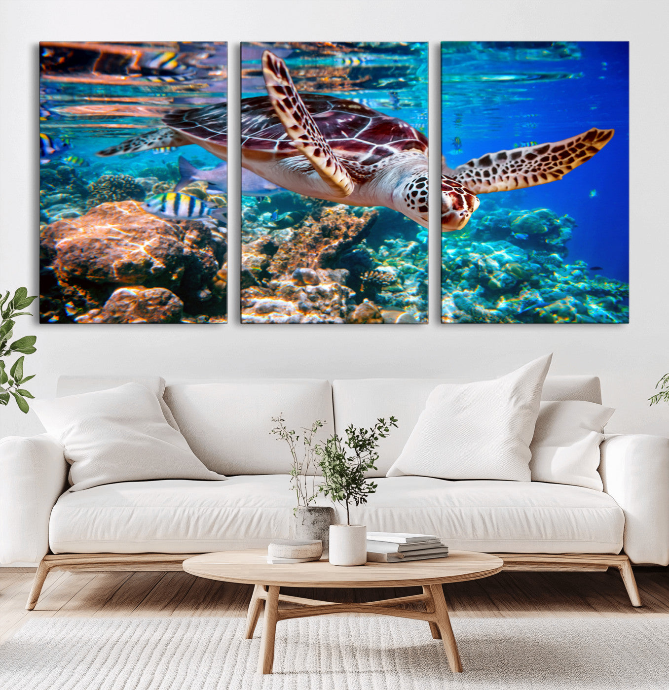 88200-MGV-CV-36X24-Sea Turtle Wall Art – Vibrant Ocean Canvas Print with Tropical Coral Reef and Colorful Fish, Coastal Marine Life Artwork for