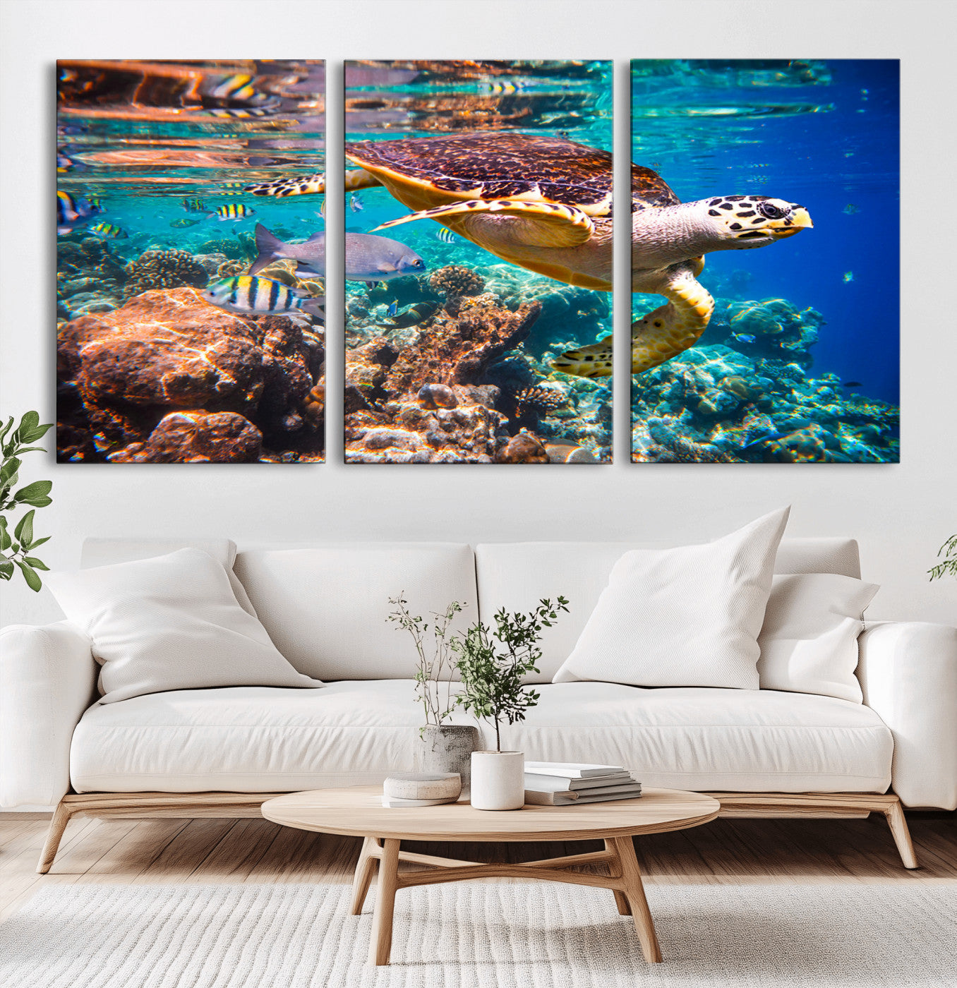 66614-MGV-CV-36X24-Sea Turtle Wall Art – Hawksbill Turtle Swimming Over Coral Reef Canvas Print, Ocean Marine Life Decor for Beach House, Coastal