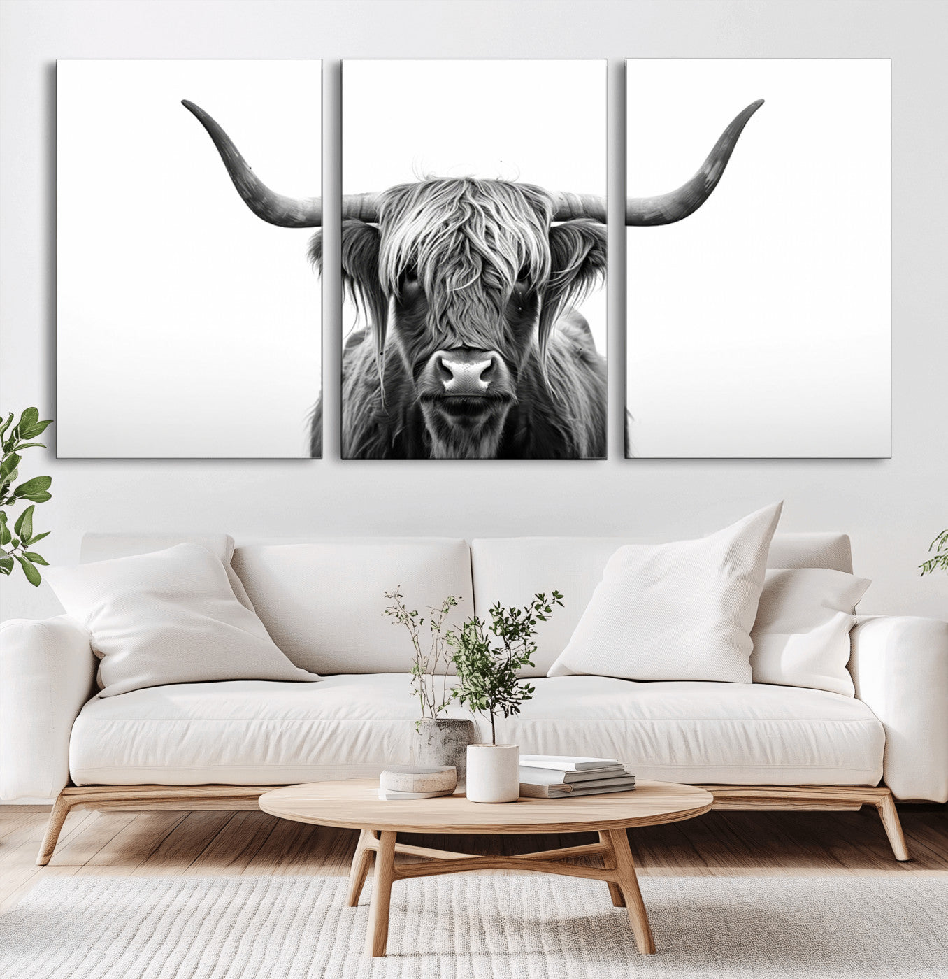 49556-MGV-CV-36X24-Highland Cow Wall Art – Black and White Scottish Highland Cattle Print, Rustic Farmhouse Minimalist Animal Portrait Canvas for