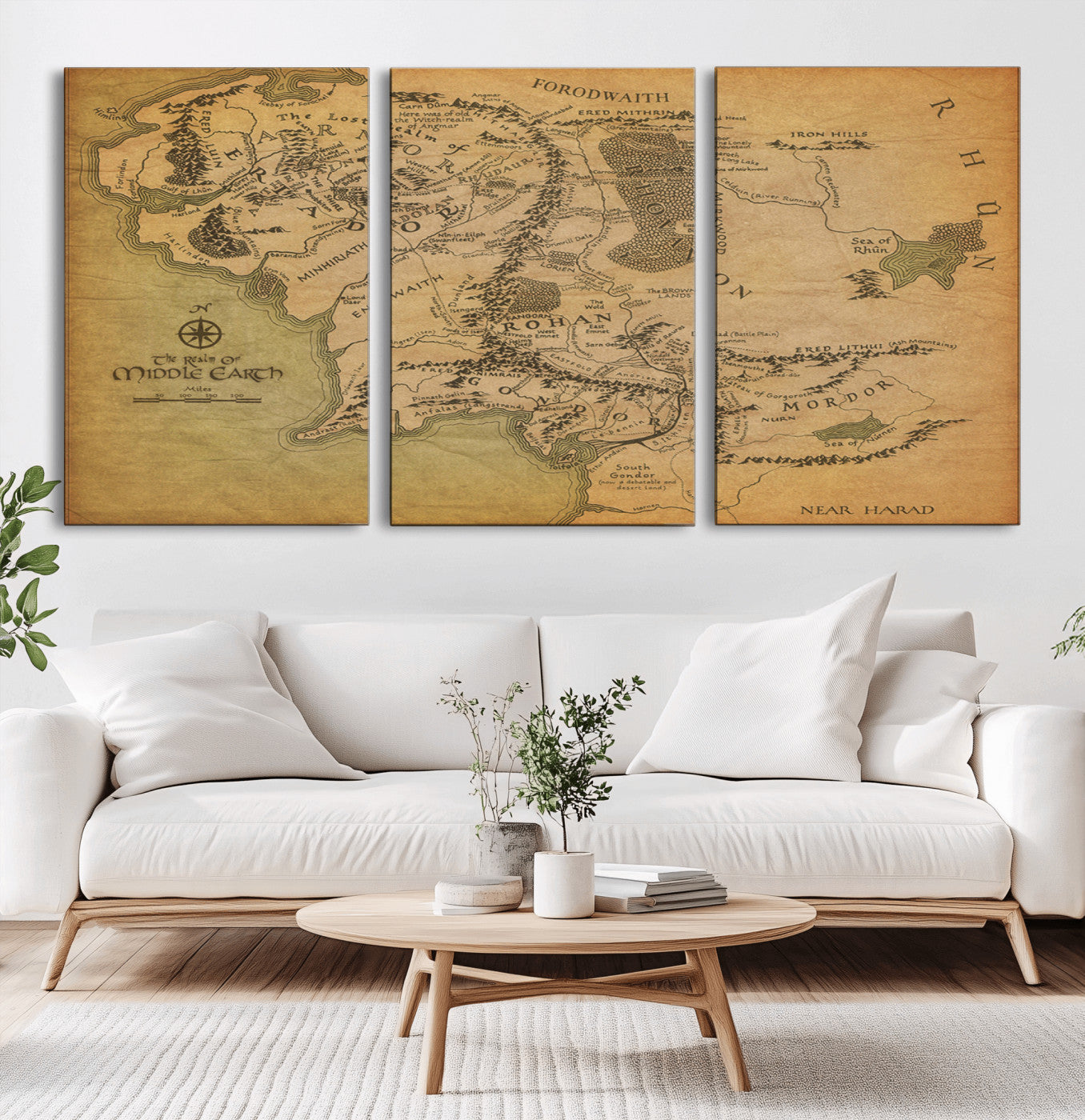 41064-MGV-CV-36X24-Middle Earth Map Wall Art – Vintage Fantasy Map Poster of Lord of the Rings & Hobbit Realms, Antique Parchment Style Canvas for