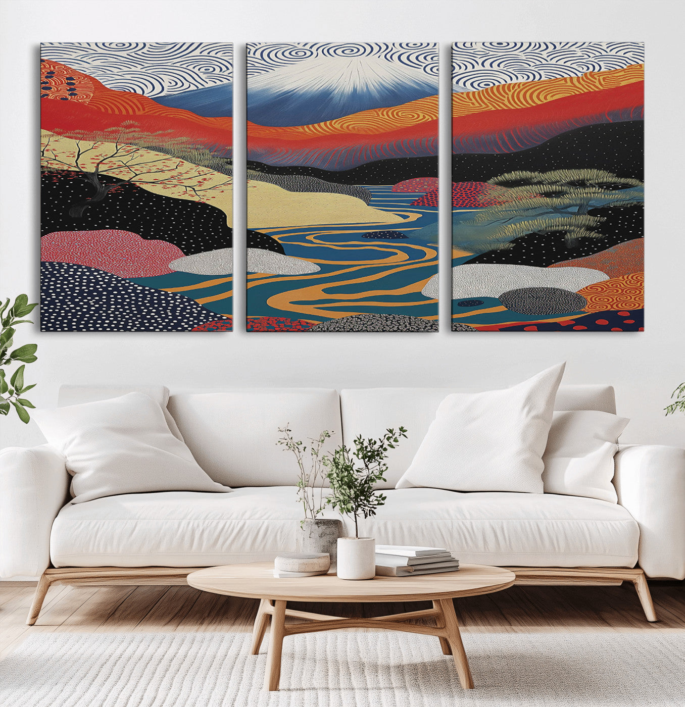 22313-MGV-CV-36X24-Yayoi Kusama Wall Art – Abstract Mount Fuji Landscape Canvas Print, Vibrant Japanese Nature Scene with River, Mountains and Sky