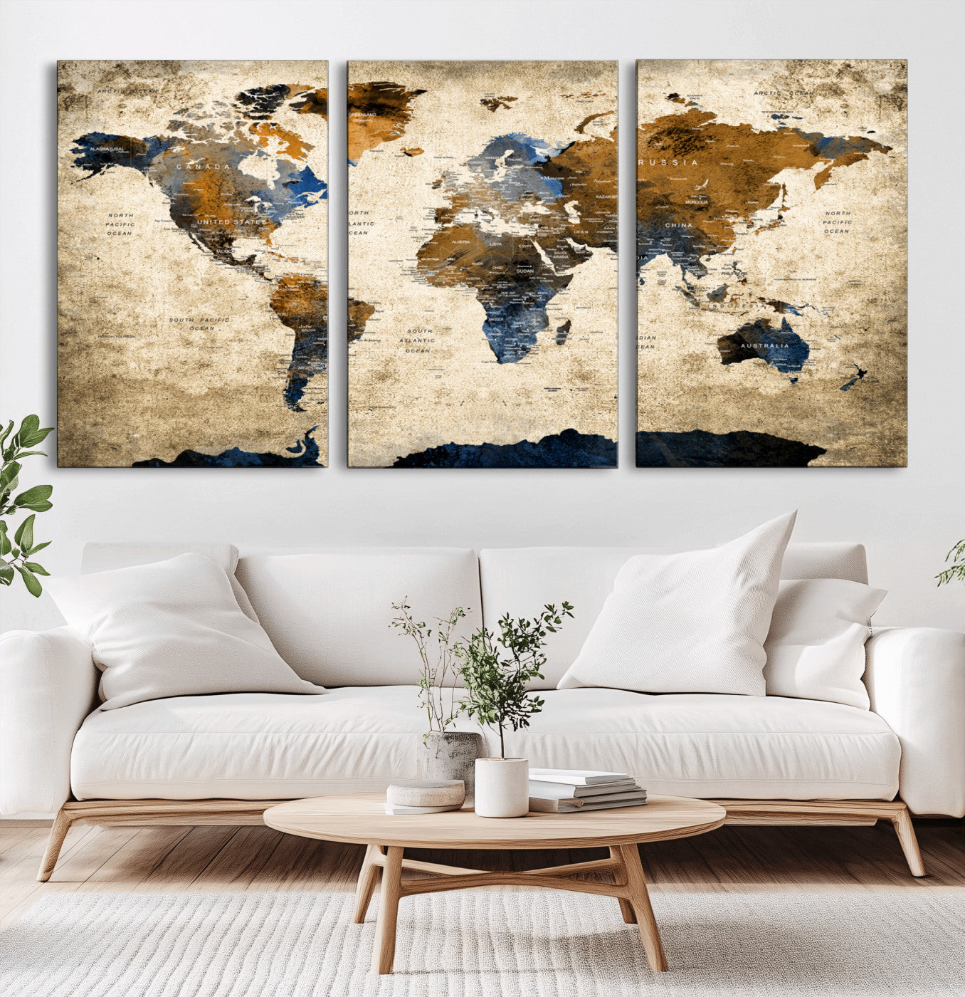 51140-MGV-CV-36X24-Vintage World Map Wall Art – Rustic Blue and Brown Canvas Print, Large Travel Map Decor for Office, Study, Classroom or Living