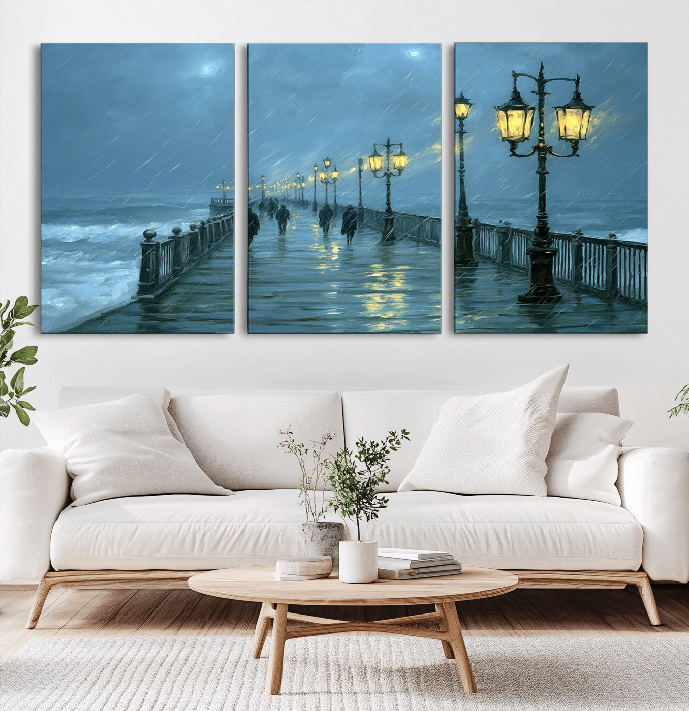 79606-MGV-CV-36X24-Rainy Pier Night Wall Art – Ocean Waves and Street Lamps Canvas Print, Moody Seascape Oil Painting Poster for Living Room,