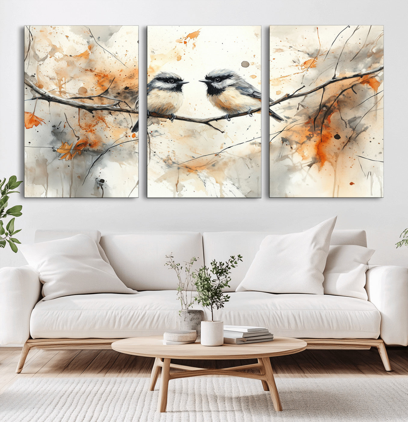 98244-MGV-CV-36X24-Bird Wall Art – Watercolor Songbirds on Branch Canvas Print, Nature Painting Poster with Autumn Leaves for Living Room, Bedroom,