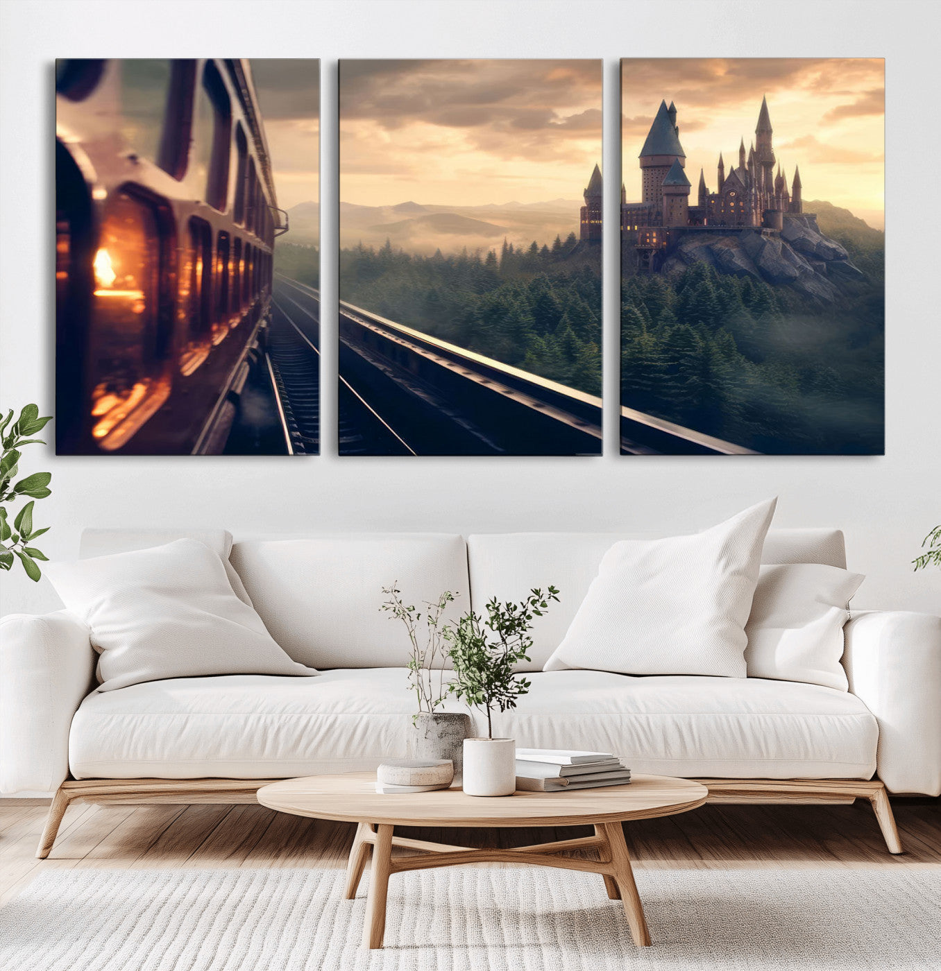 84029-MGV-CV-60X30-3P-Fantasy Castle Wall Art – Magical Train Sunset Forest Canvas Print, Enchanted Landscape Painting Poster for Living Room, Bedroom,