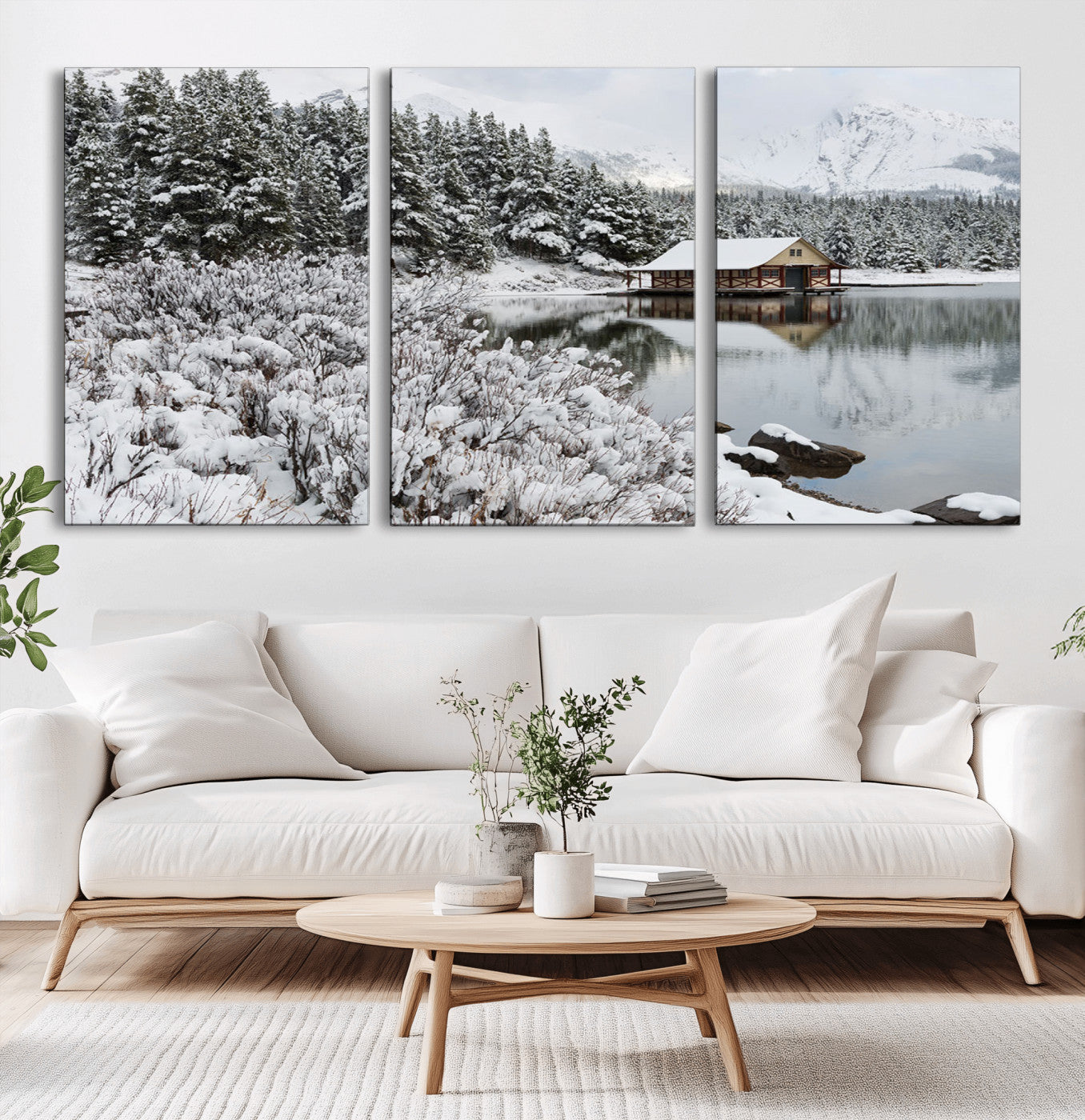 29975-MGV-CV-36X24-Winter Cabin by the Lake Wall Art – Snowy Mountain Landscape Canvas Print, Rustic Lodge Cabin Decor for Cozy Living Room, Bedroom